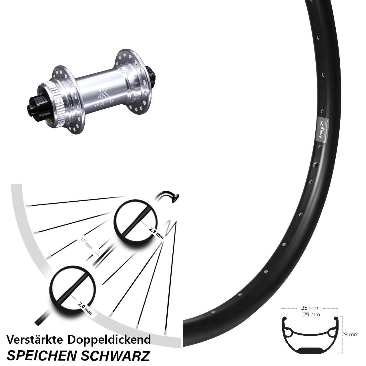 20 Zoll Ryde Andra 29 KX-G Disc Vorderrad für Schnellspanner