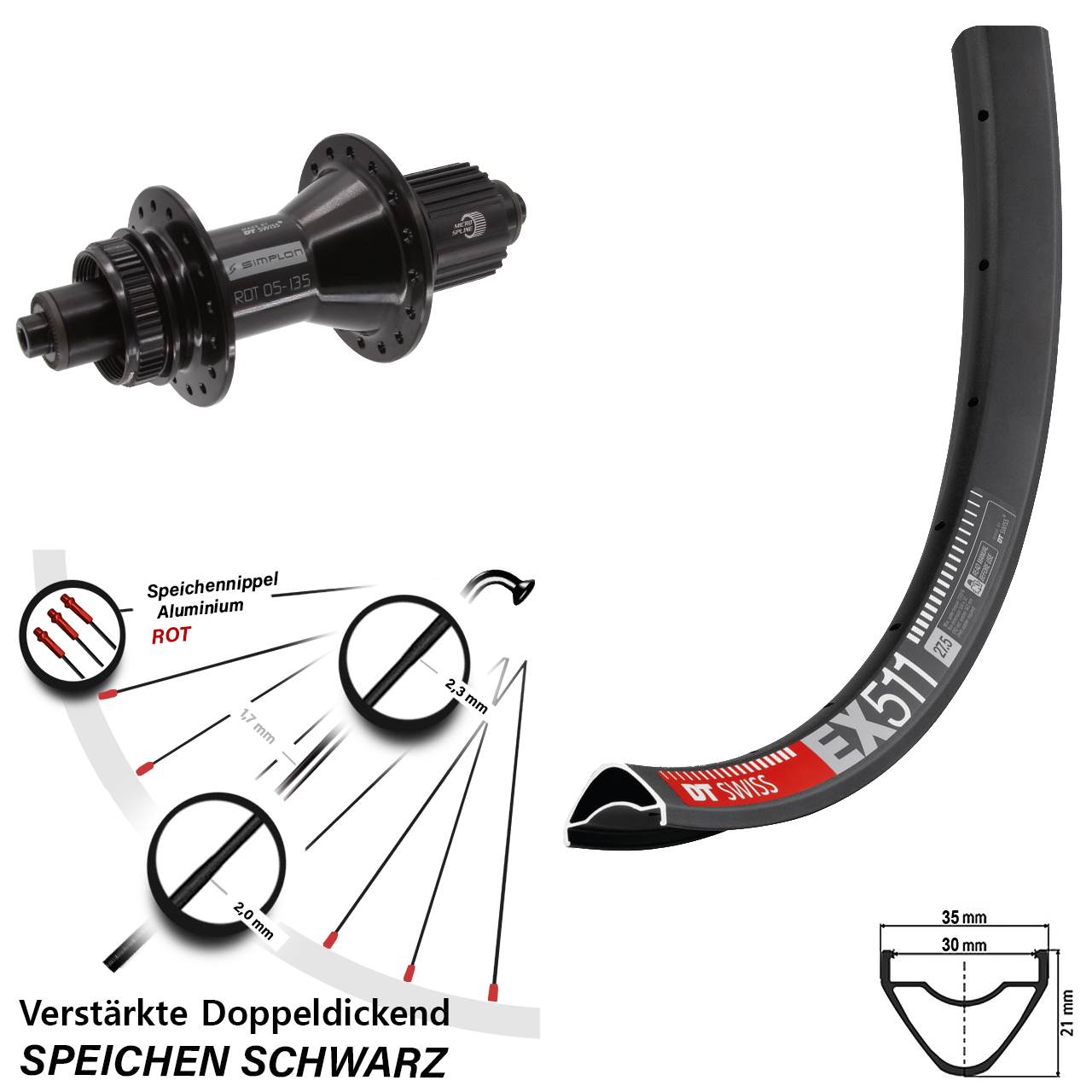 27,5 Zoll DT Swiss EX511-370 Hybrid Centerlock Hinterrad QR Micro Spline