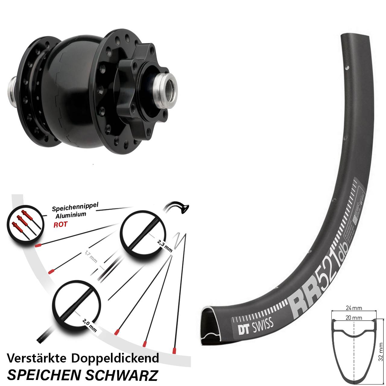 SON 28 Zoll Nabendynamo Vorderrad DT Swiss RR 521 DB 6-Loch 12x100