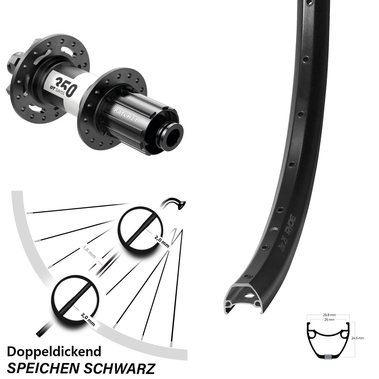 Hinterrad 28-29 Zoll Ryde ZAC 25 DT Swiss 350 12x142 6-Loch 8-11 fach HG