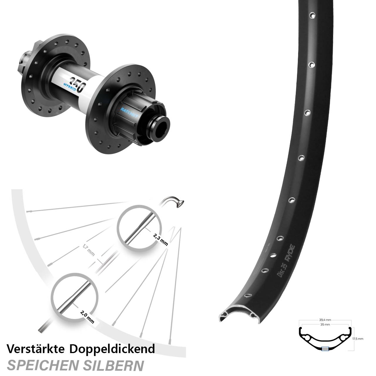 29 Zoll Hinterrad Singlespeed Ryde Disc 35 DT Swiss 350 Hybrid 6-Loch 12x148
