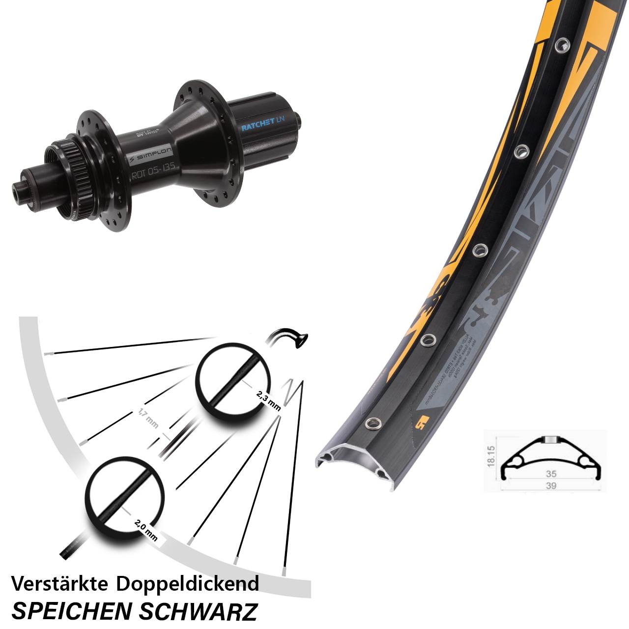 Disc Hinterrad 27,5 Zoll Rodi TRYP 35 DT Swiss 370 Hybrid 8-11 fach für Schnellspanner
