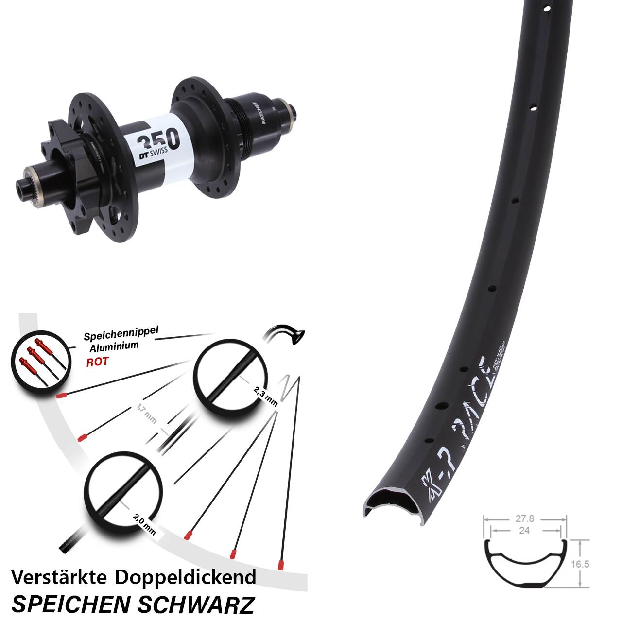 Hinterrad 6-Loch 28-29 Zoll KX-R Race DT Swiss 350 XD für Schnellspanner