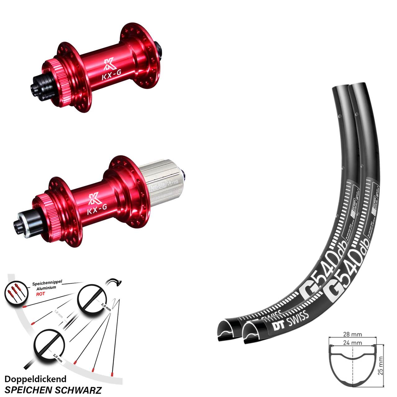 Laufradsatz DT Swiss G 540 Gravel Centerlock Nabe KX-G rot eloxiert 8-12 fach 100/135 mm