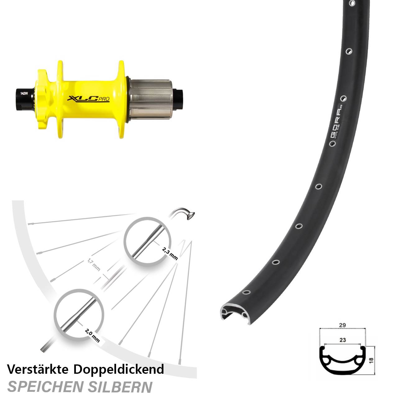 Gora 23 XLC Pro gelb 28-29 Zoll Disc Hinterrad 12x142 8-11 fach HG