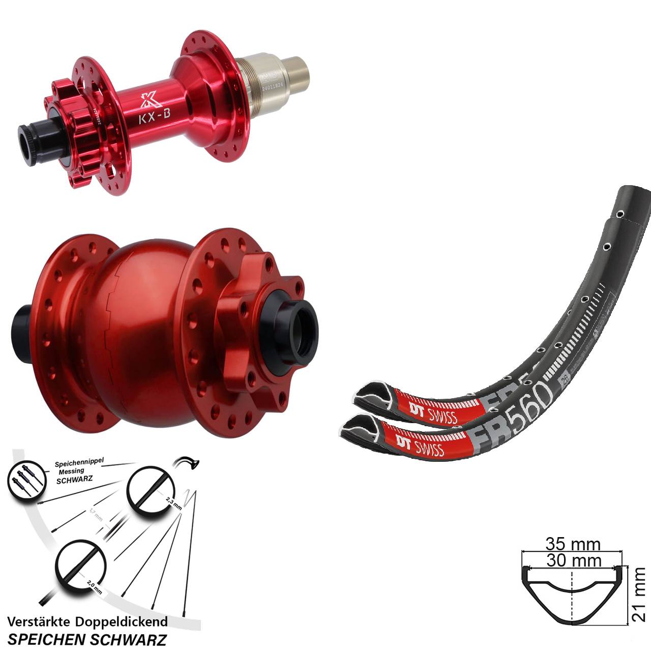 6-Loch Laufradsatz 15x110 12x148 26 Zoll DT Swiss FR560 KX-B rot SON 28 XD