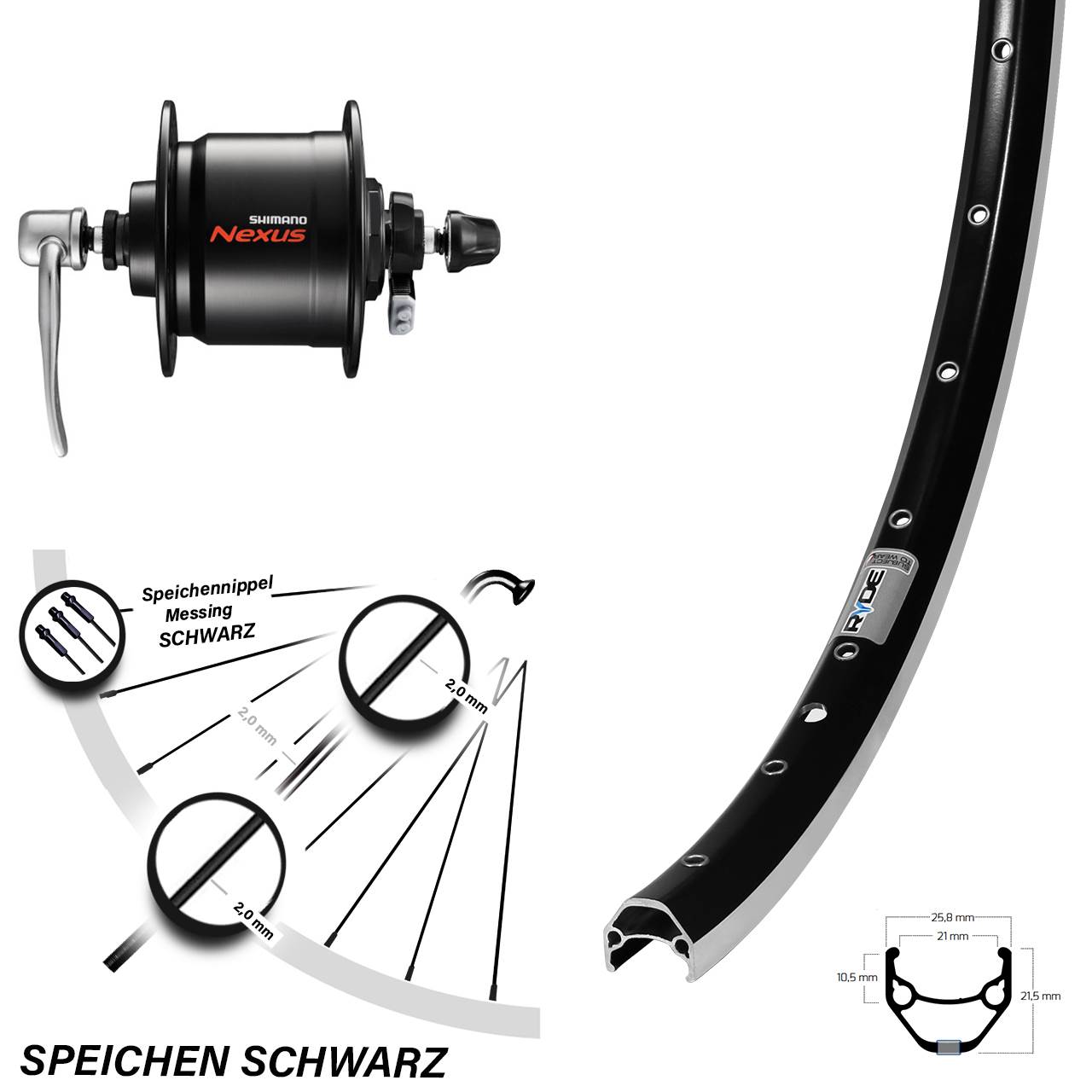 28 Zoll Ryde ZAC 421 Shimano Nexus DH-C3000 Vorderrad mit Nabendynamo für Schnellspanner