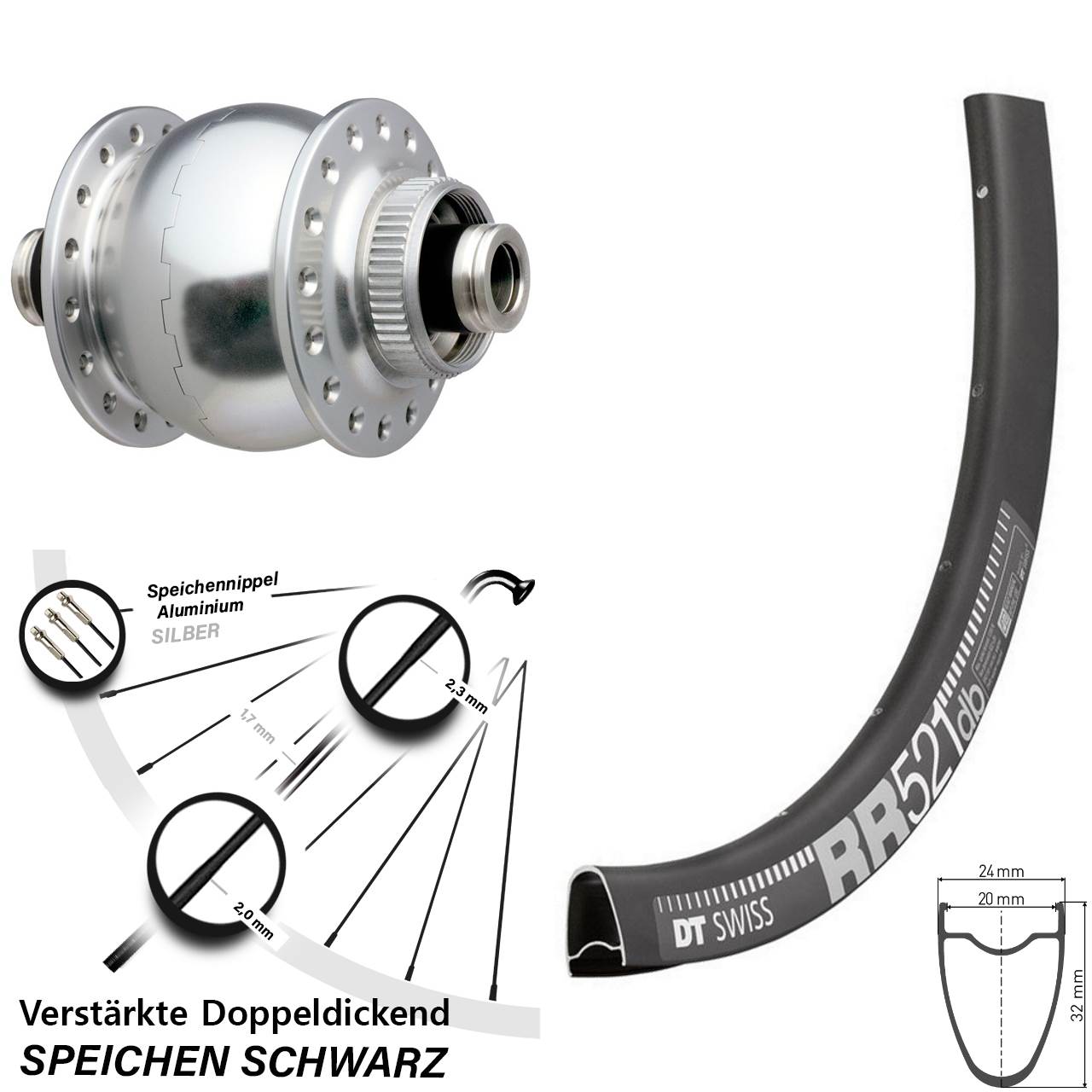 Centerlock Vorderrad mit Dynamo SON 28 Zoll DT Swiss RR521 12x100
