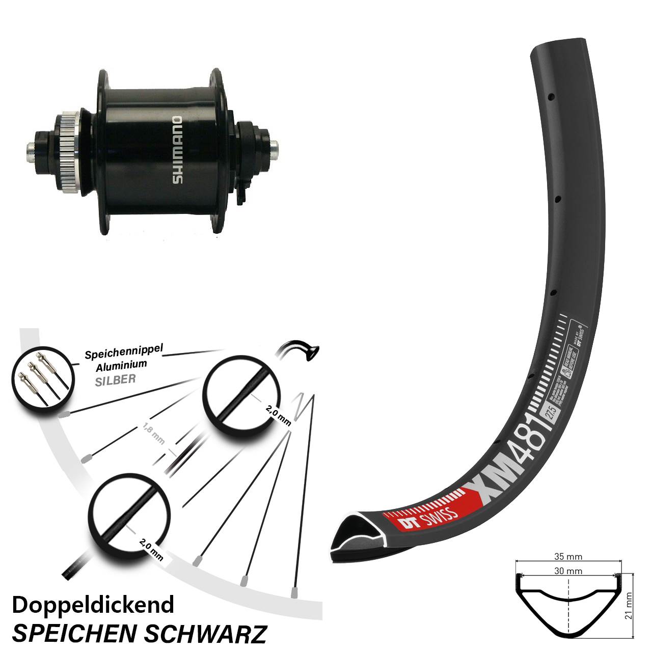 Disc Nabendynamovorderrad 27,5 Zoll DT Swiss XM481 Shimano DH-UR700-3D für Schnellspanner