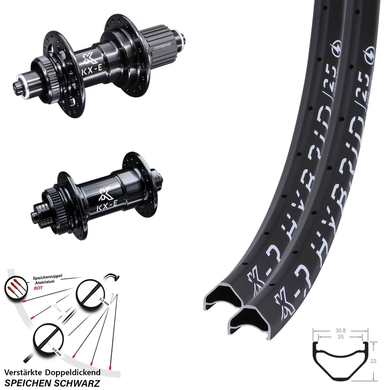 Centerl. Laufradsatz 28 Zoll KXR-E Hybrid 25 6 Kugellager Micro Spline für Schnellspanner