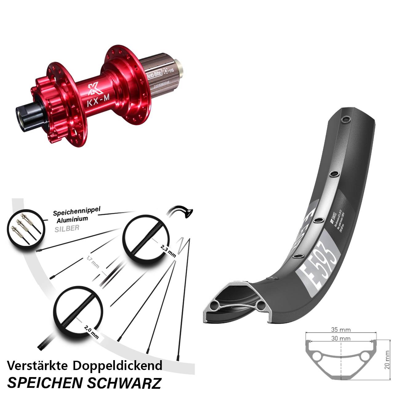 29 Zoll DT Swiss E593 KX-M rot Hinterrad 6-Loch 12x142 8-12 fach HG