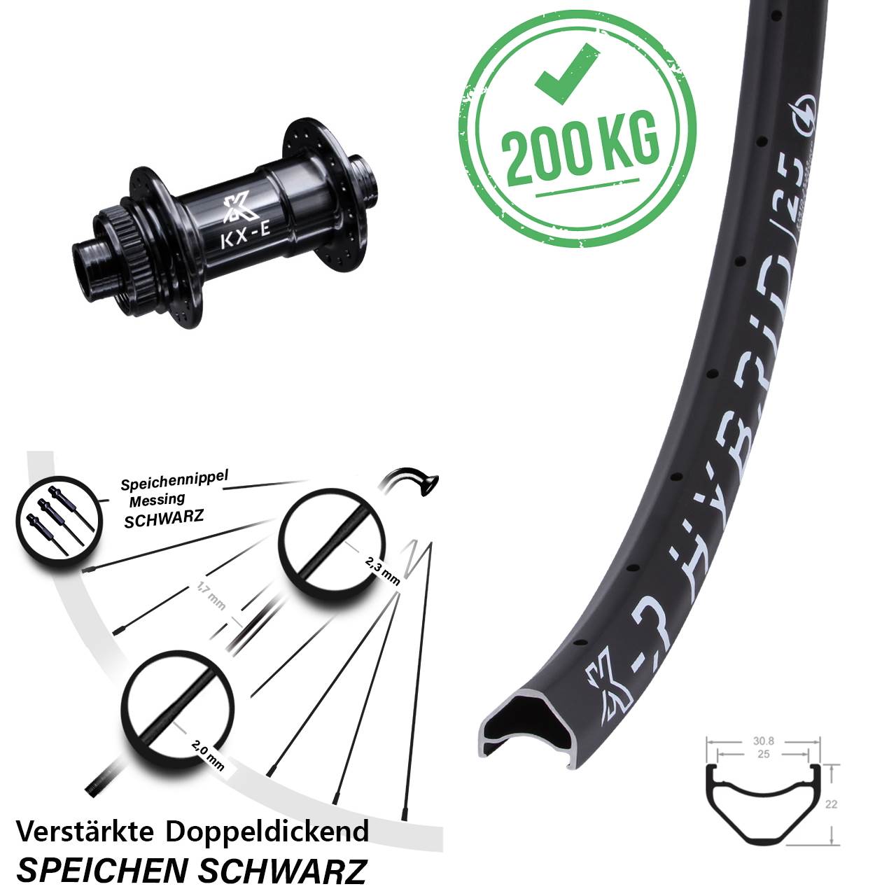 27,5 Zoll KX-R Hybrid 25 E-Bike 4-fach gelagert Centerlock Vorderrad 15x100