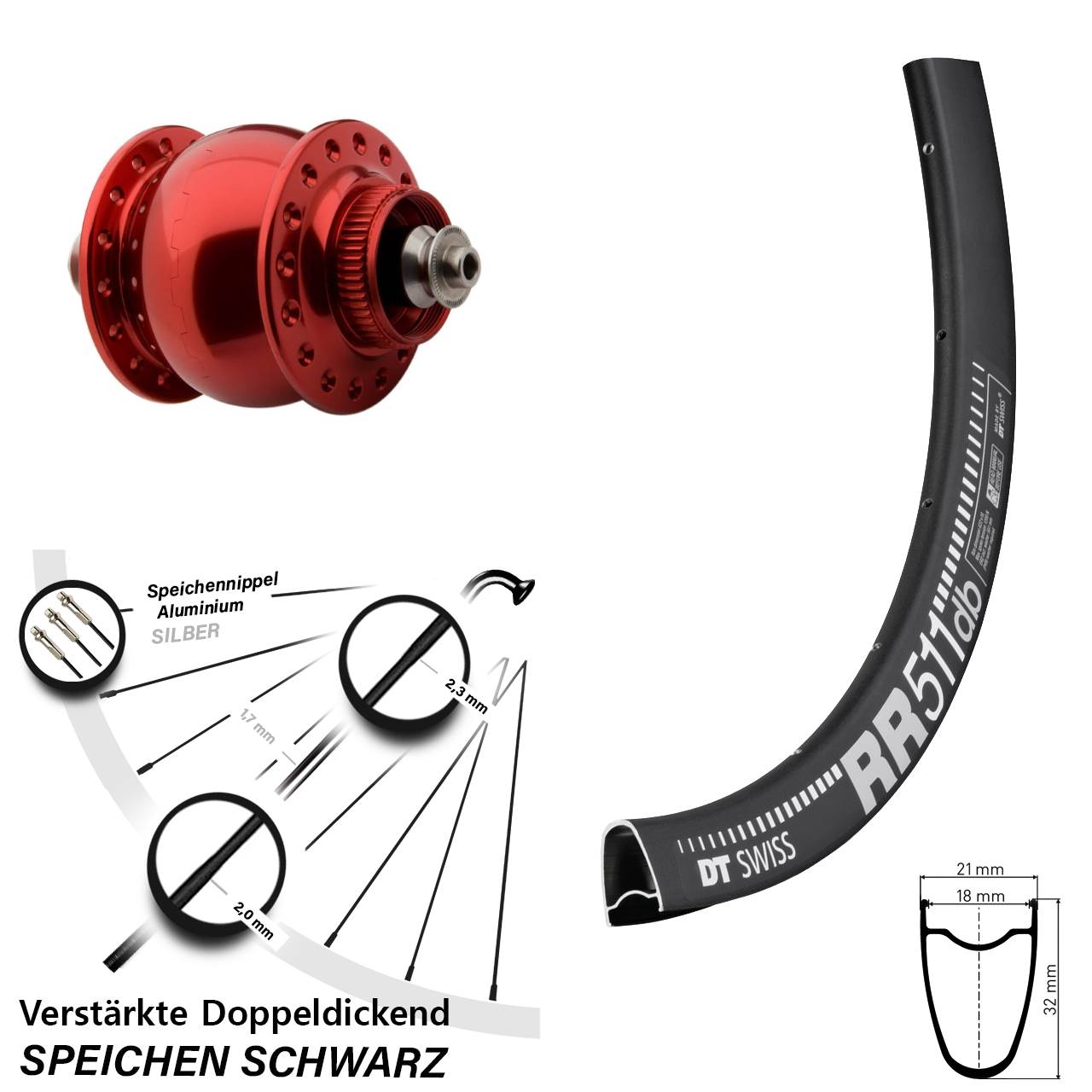 Vorderrad mit Nabendynamo QR roter SON 28 Zoll DT Swiss RR511