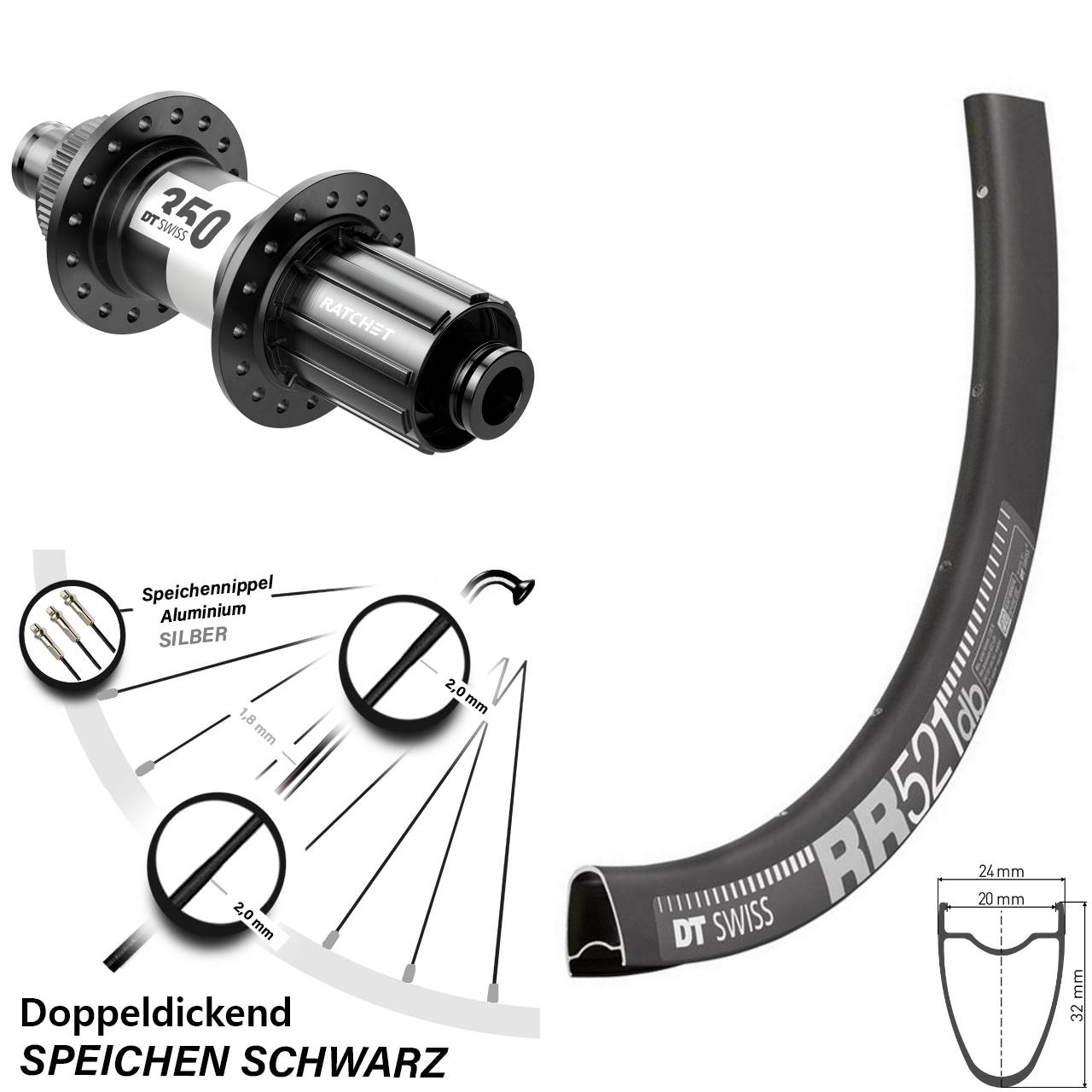 28 Zoll DT Swiss RR521-350 Disc Laufrad 12x142 8-11 fach HG