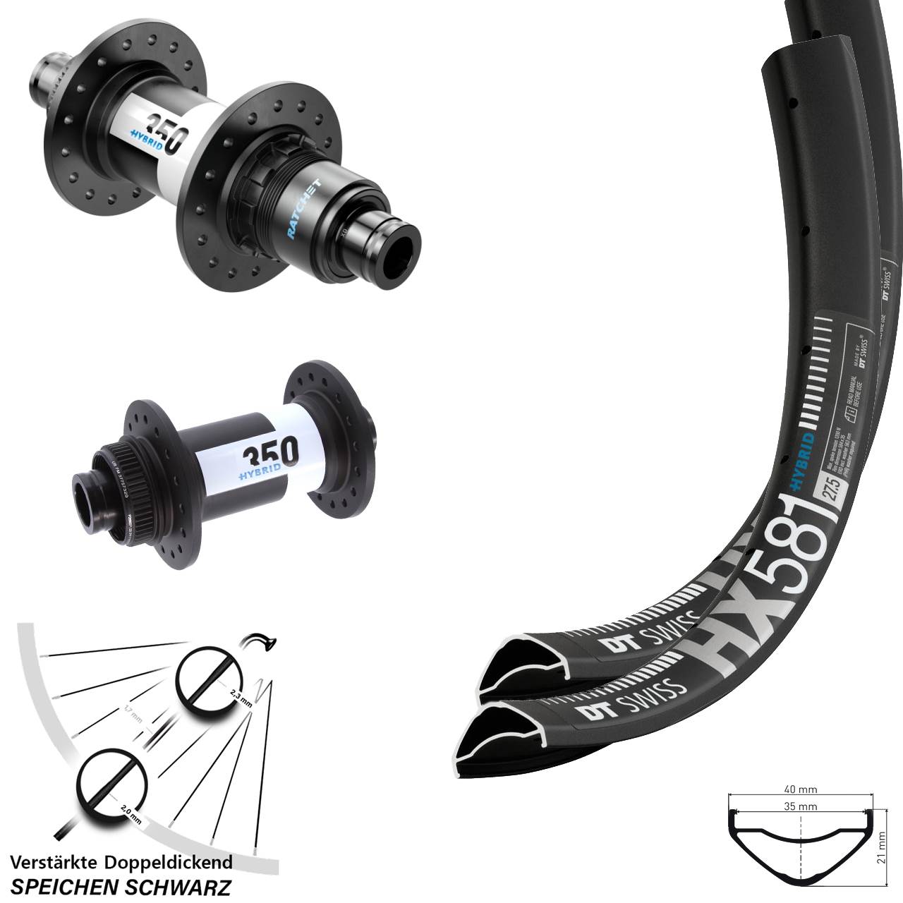 27,5 Zoll DT Swiss HX581-350 Hybrid Boost Centerlock Laufradsatz SRAM XD