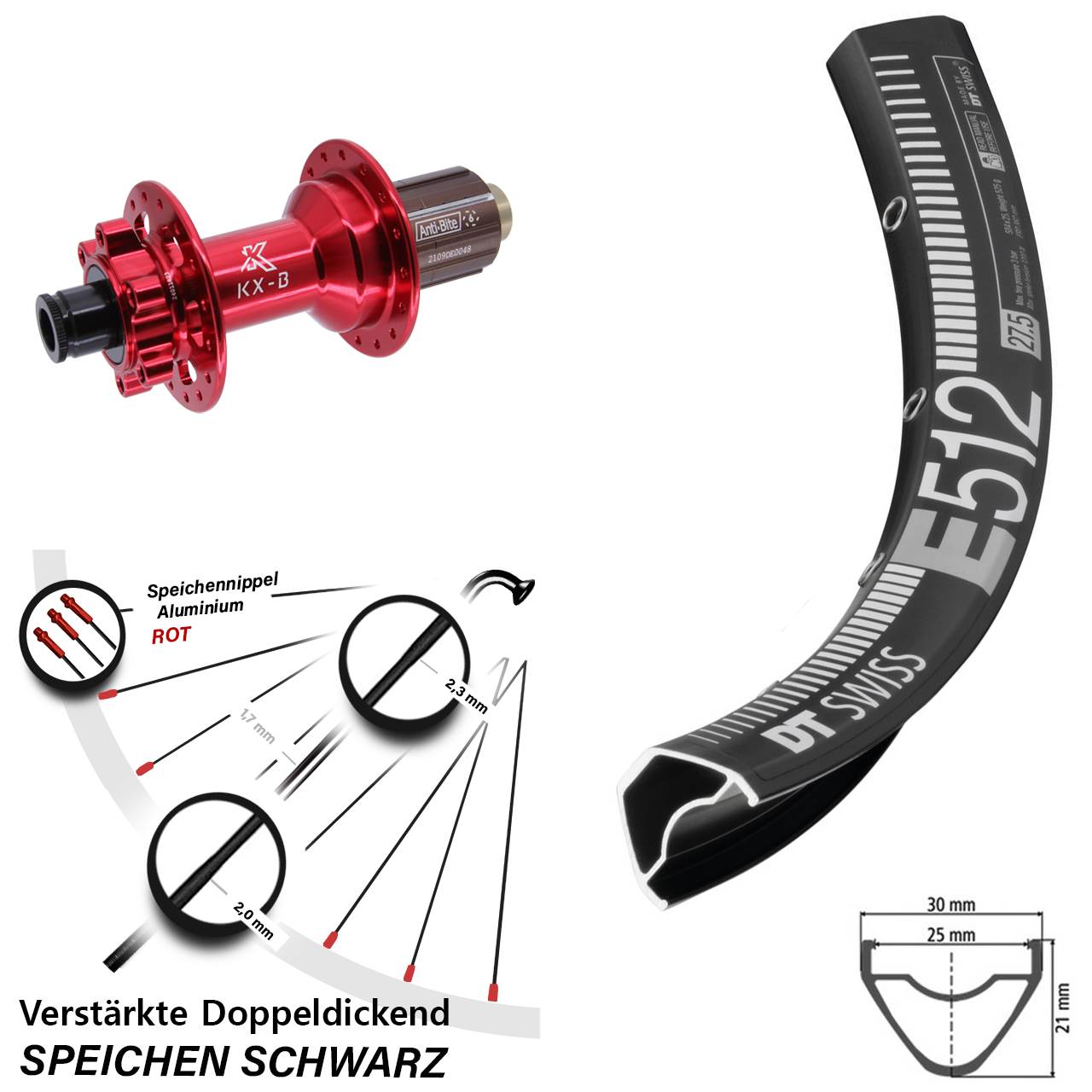 650B DT Swiss E 512 KX-B rot 12x148 Hinterrad Boost 6-Loch 8-12 fach