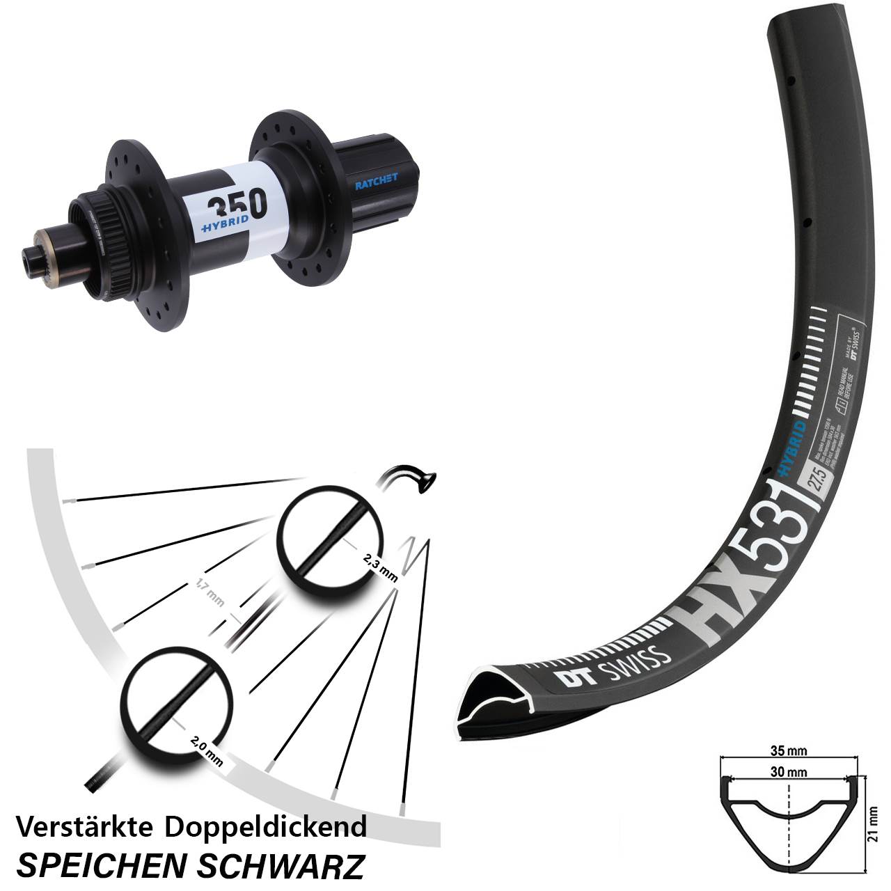 DT Swiss HX 531-Hybrid 350 29 Zoll Hinterrad für Schnellsp. Boost 8-11 fach