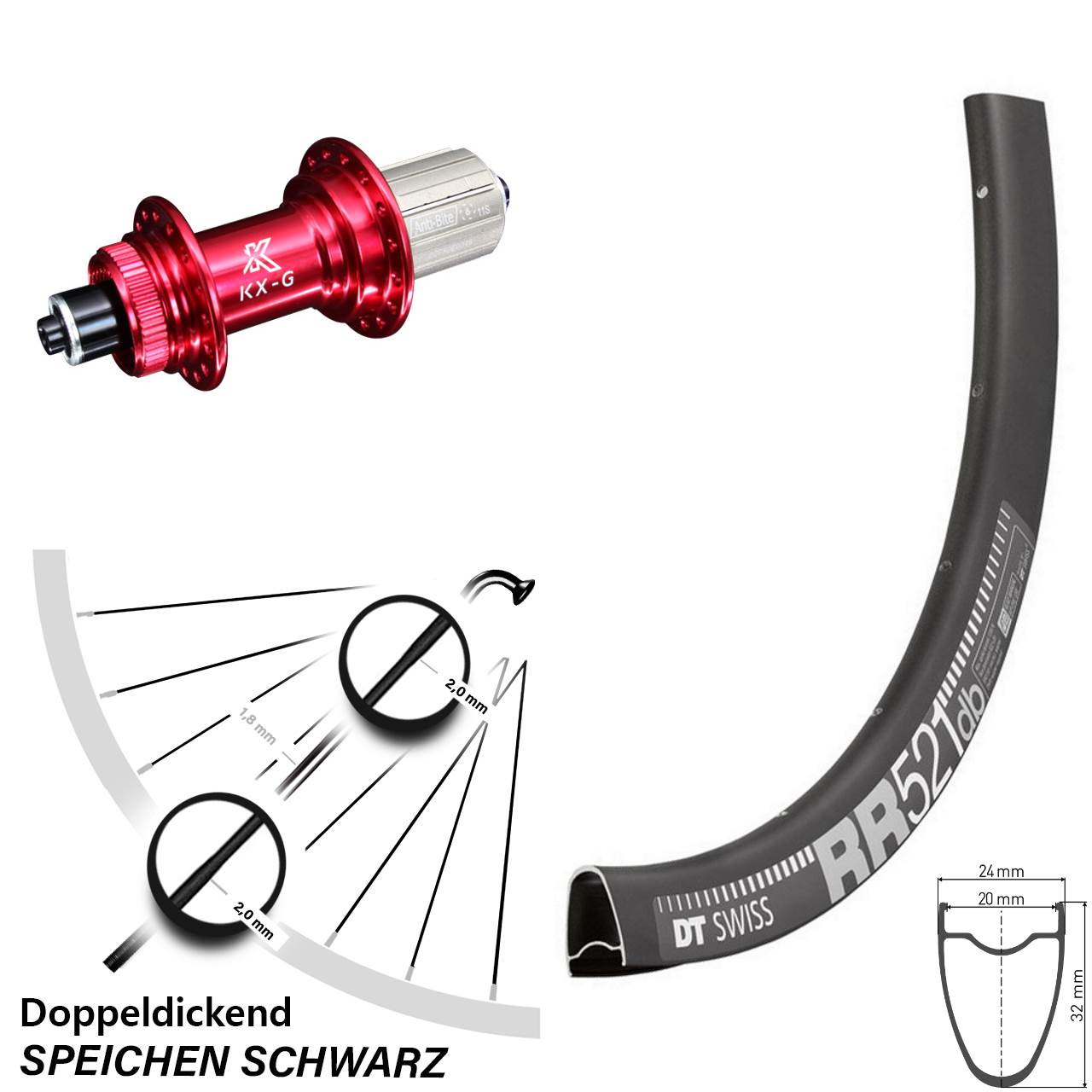 KX-G Nabe rot Schnellspanner 8-12 fach DT Swiss RR 521 DB Hinteres Rad 28 Zoll Centerlock