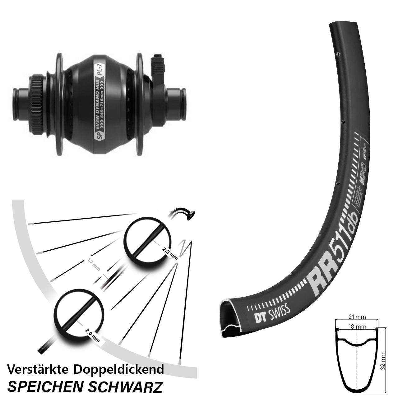 Nabendynamo-Vorderrad Centerlock 28 Zoll DT Swiss RR 511 Shutter PL-7 12x100