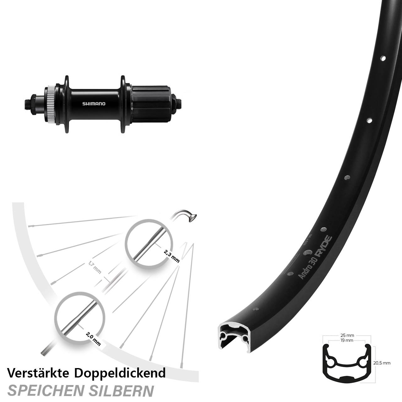Disc Hinterrad 28 Zoll Ryde Andra 30 Disc Shimano FH-QC400 8-11 fach HG für Schnellspanner