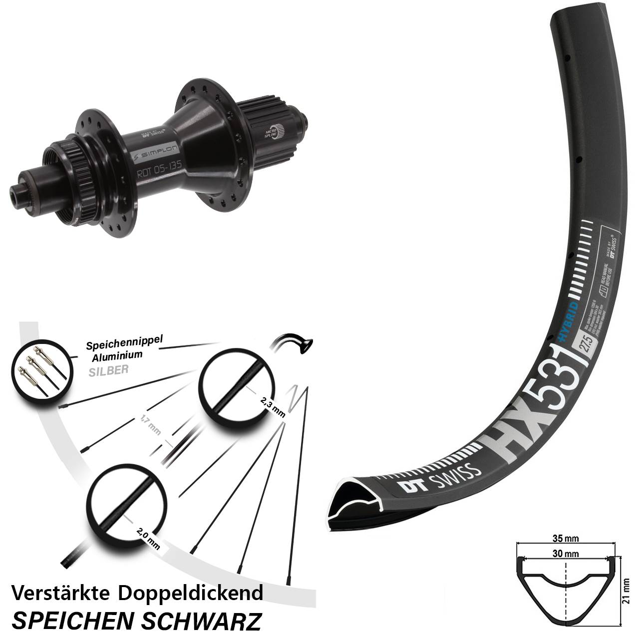 DT Swiss HX 531-370 Hybrid 29 Zoll Hinterrad Centerlock QR Micro Spline