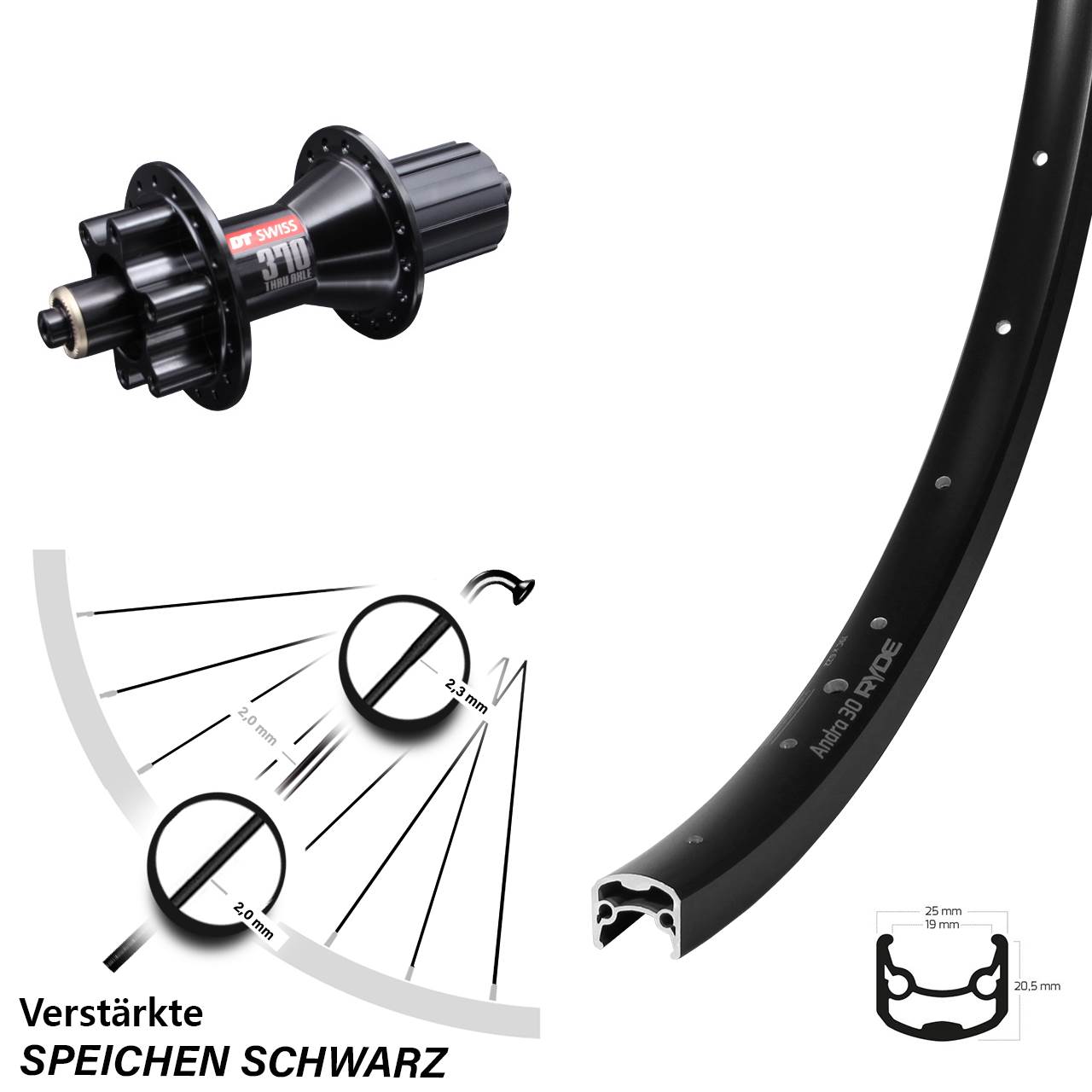 28 Zoll Ryde Andra 30 DT Swiss 370 Hybrid Disc Hinterrad für Schnellspanner 8-11 fach