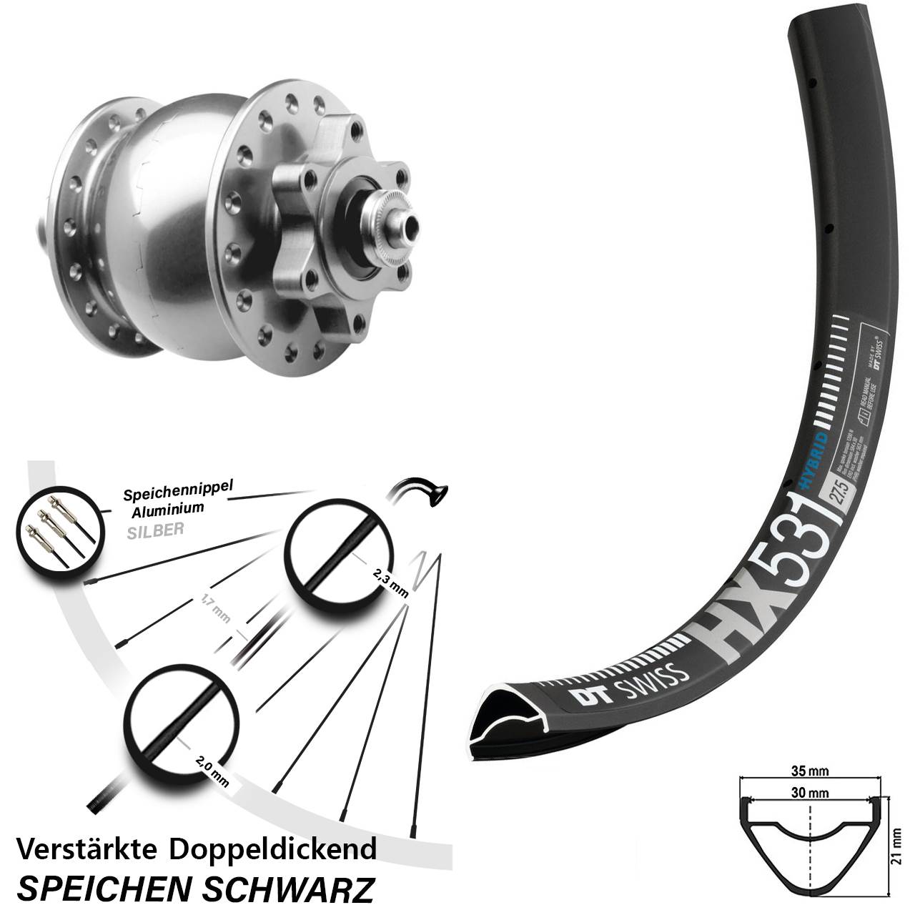 Nabendynamovorderrad 6-Loch QR 29 Zoll DT Swiss HX 531 SON 28 silbern