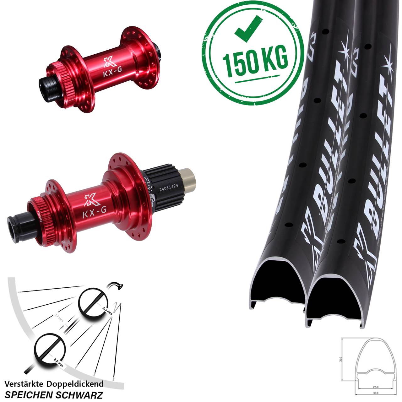29 Zoll KX-G Bullet rot Disc Laufrad-Satz 12x100/142 Shimano Micro Spline