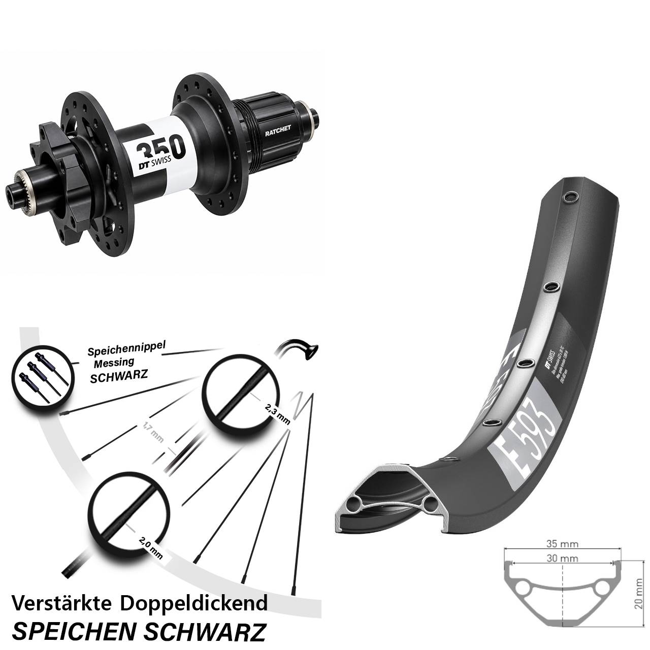 DT Swiss E 593-350 29 Zoll Hinterrad 6-Loch für Schnellspanner Boost XD