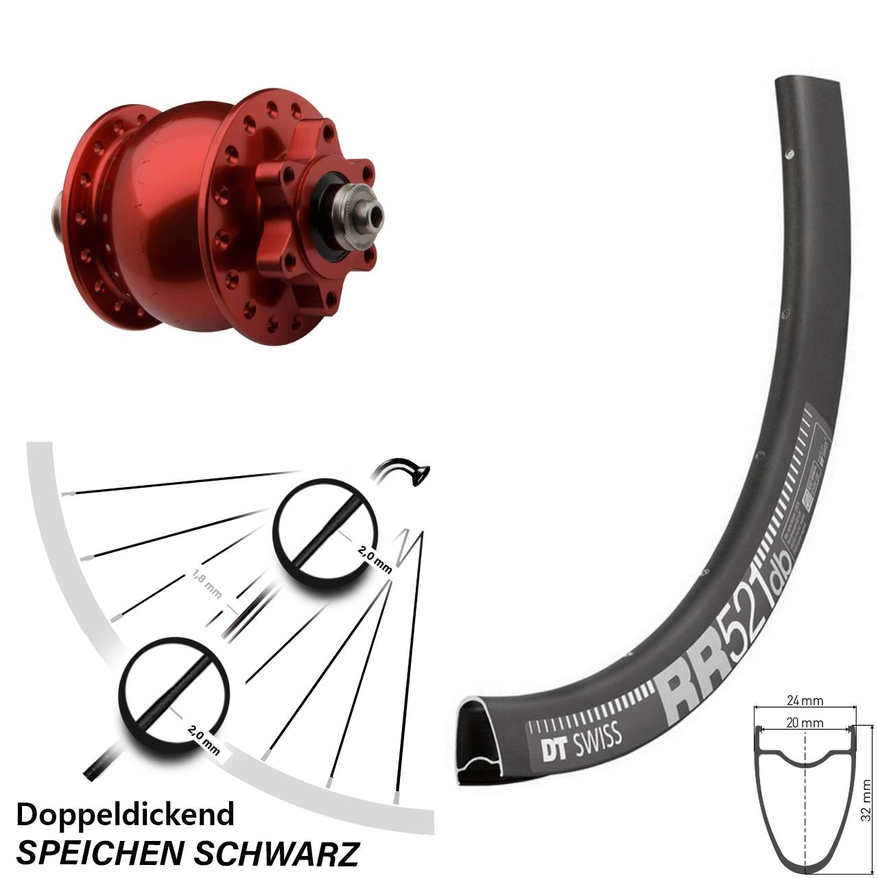 SON 28 Zoll rot DT Swiss RR521 Nabendynamo-Vorderrad 6-Loch QR