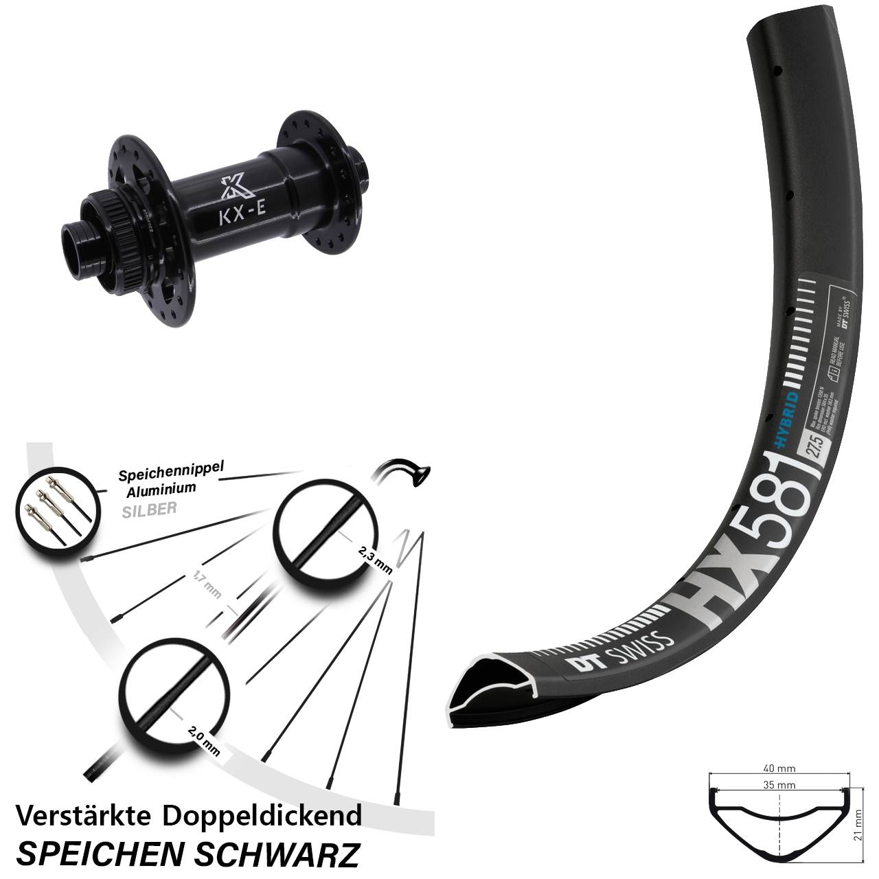 Boost Centerlock Vorderrad 15x110 27,5 Zoll DT Swiss HX581 KX-E 4-fach gelagert