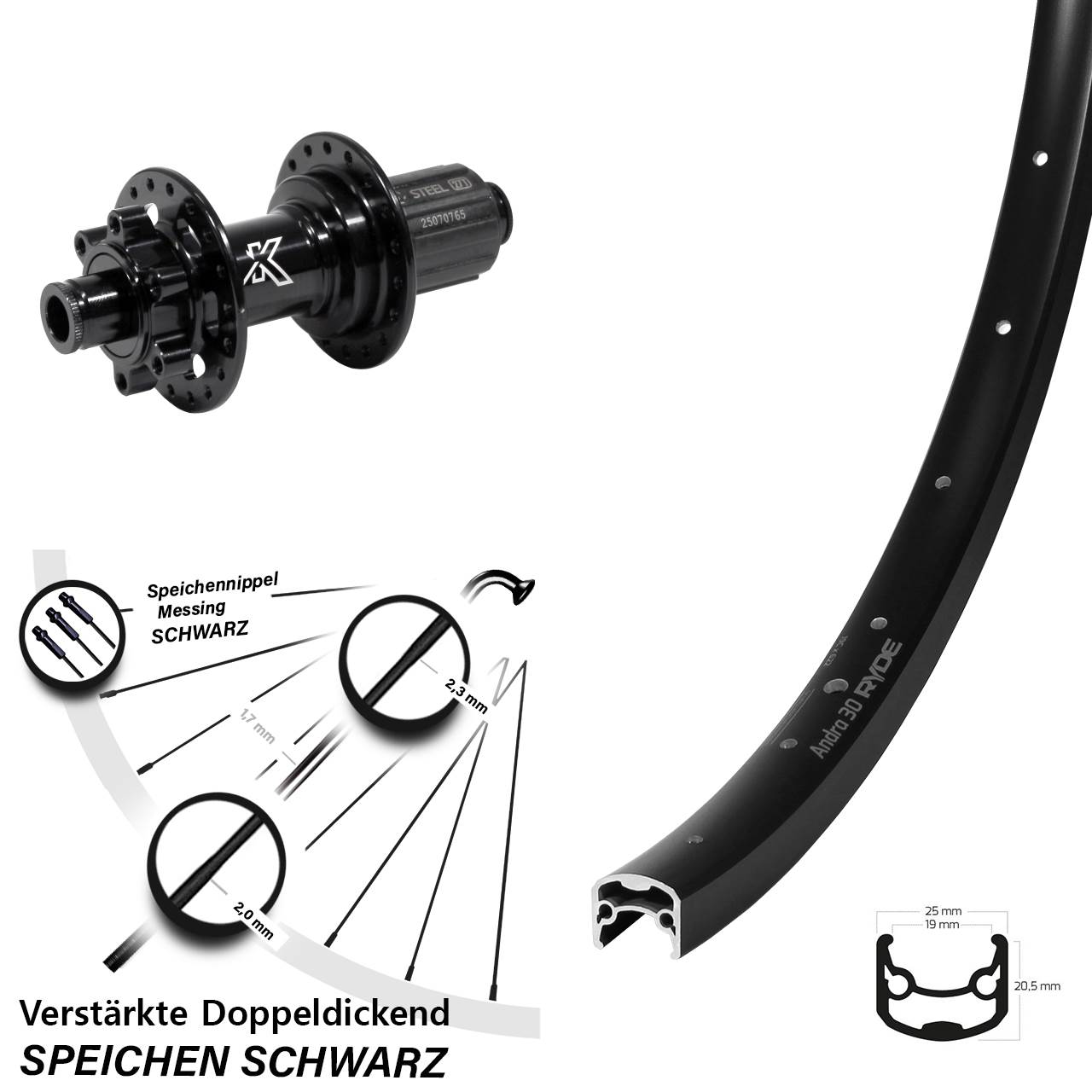 28 Zoll Ryde Andra 30 KX-M Heavy Duty Hinterrad 6-Loch 12x142 8-12 fach HG