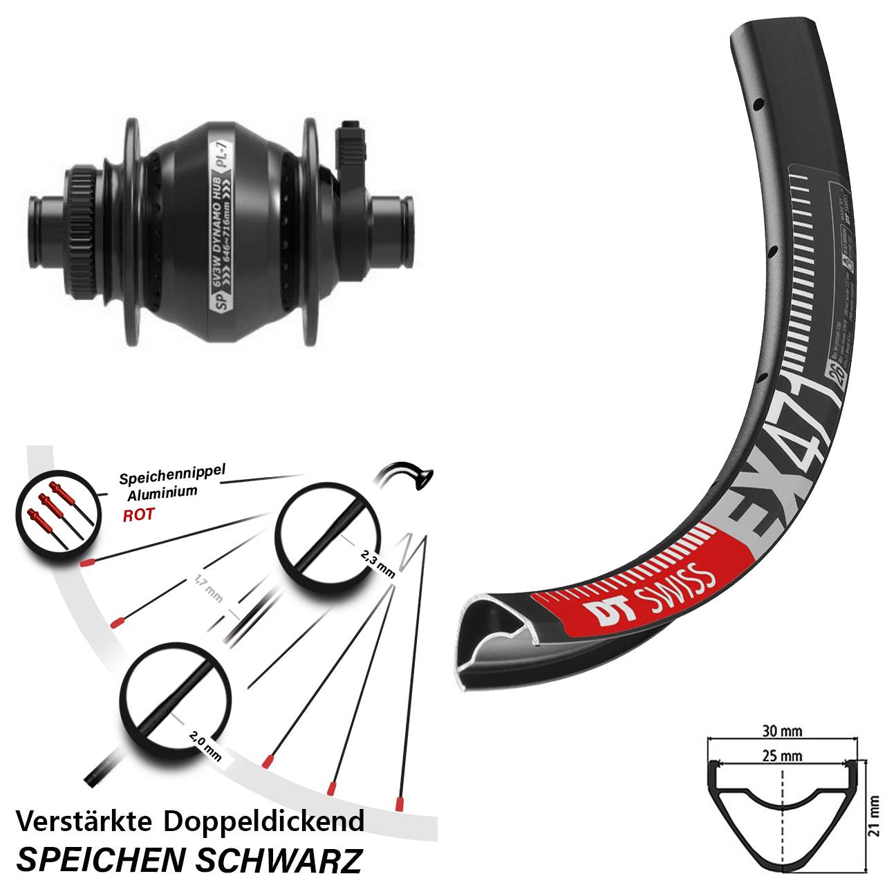 Nabendynamovorderrad Centerlock 12x100 650B DT Swiss EX471 Shutter Precision PL-7