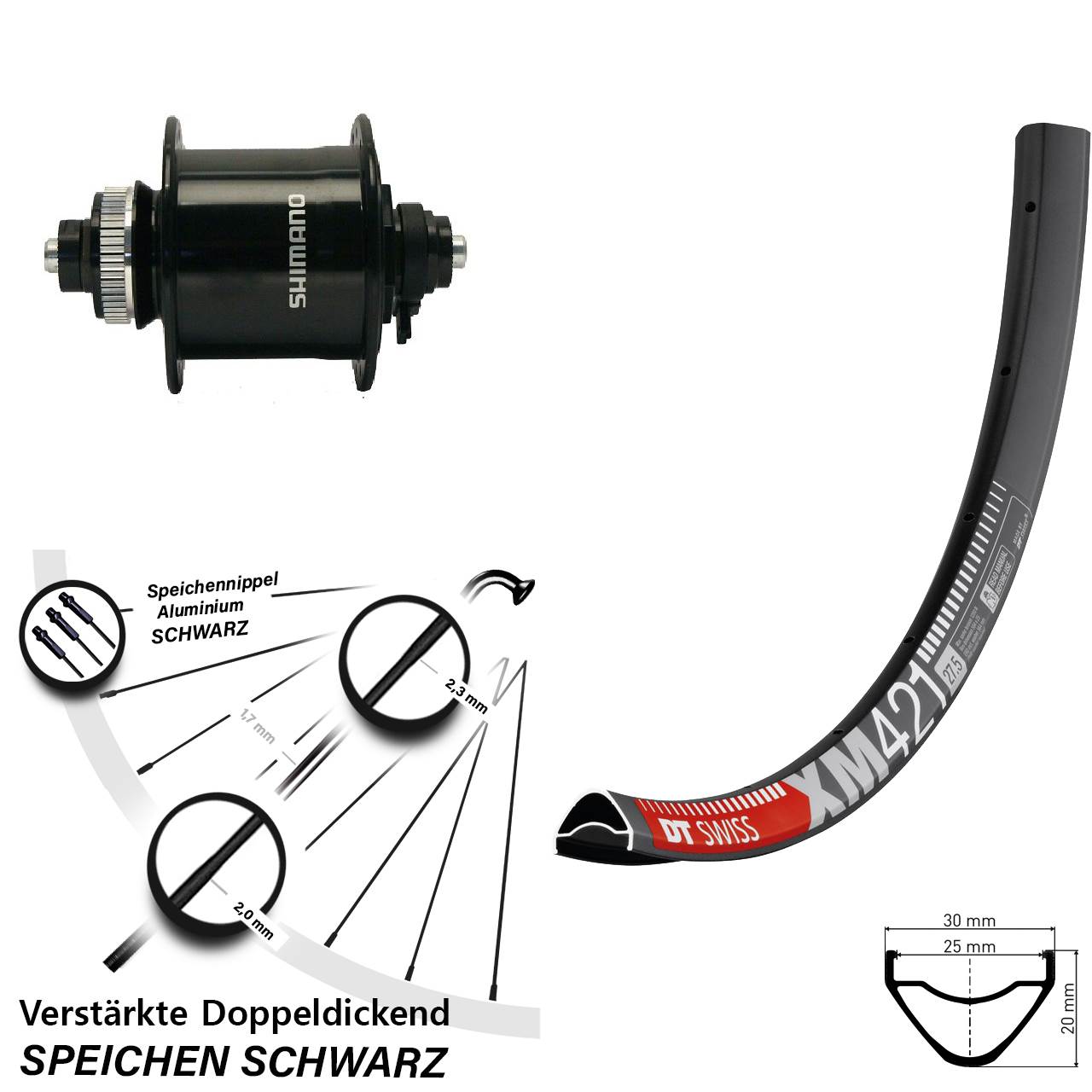 Nabendynamo Vorderrad Shimano DH-UR700 DT Swiss XM 421 27,5 Zoll Centerlock