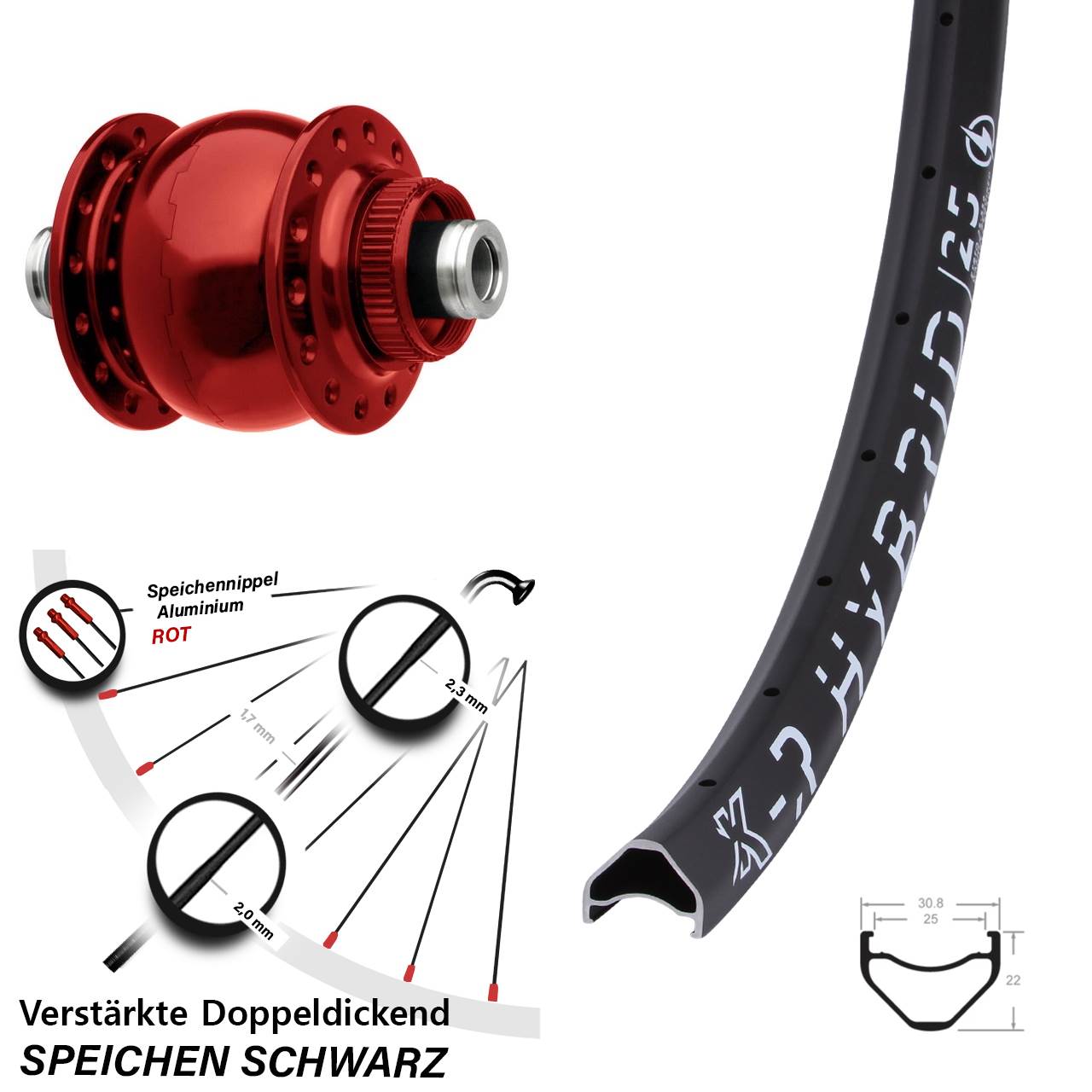 Disc Vorderrad mit Nabendynamo 12x100 29 Zoll KX-R Hybrid 25 SON 28 rot