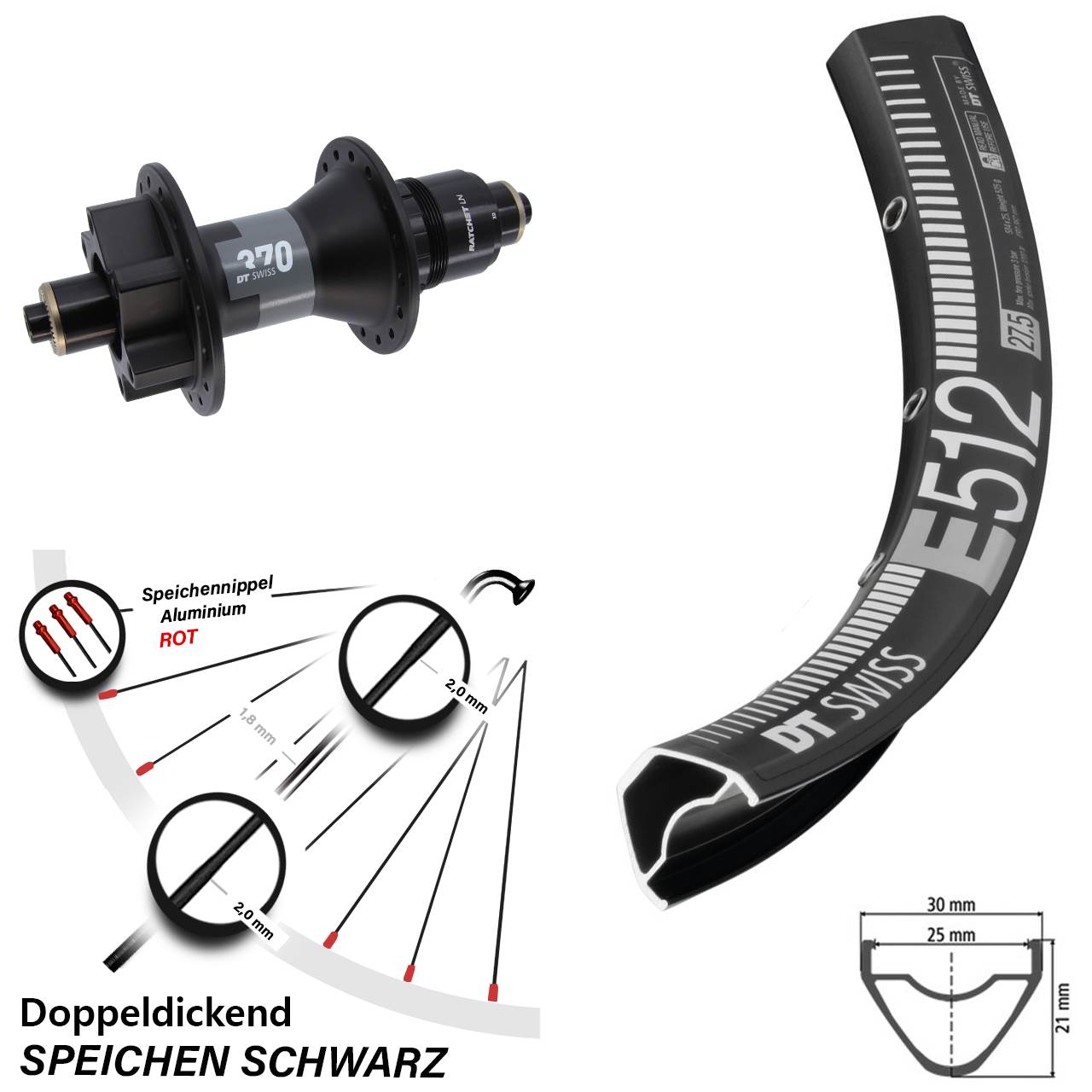 6-Loch Hinterrad 27,5 Zoll DT Swiss E 512-370 SRAM XD für Schnellspanner