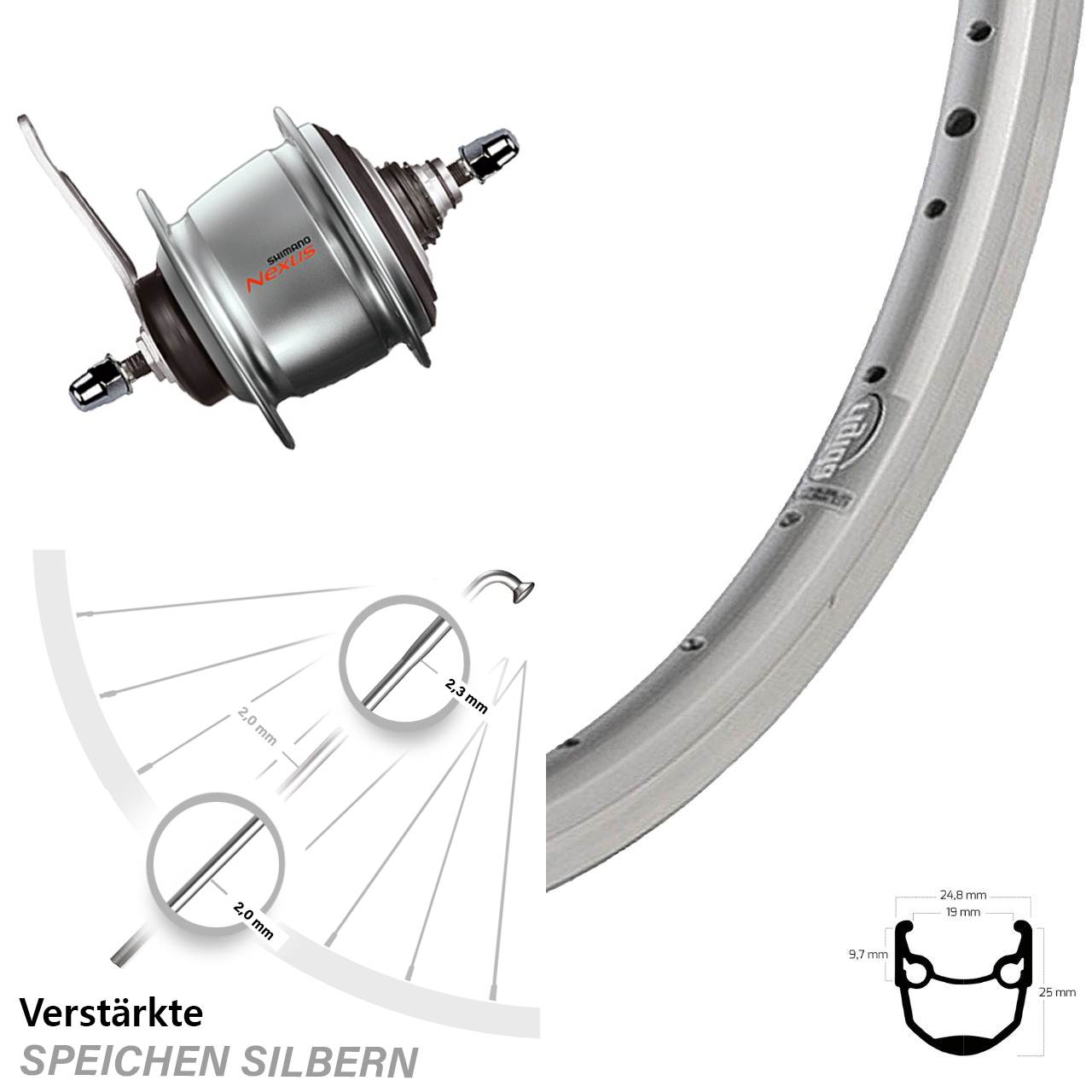 28 Zoll Ryde Andra 10 Hinterrad Shimano SG-C6001-8C Nexus 8 Gang Rücktritt silbern