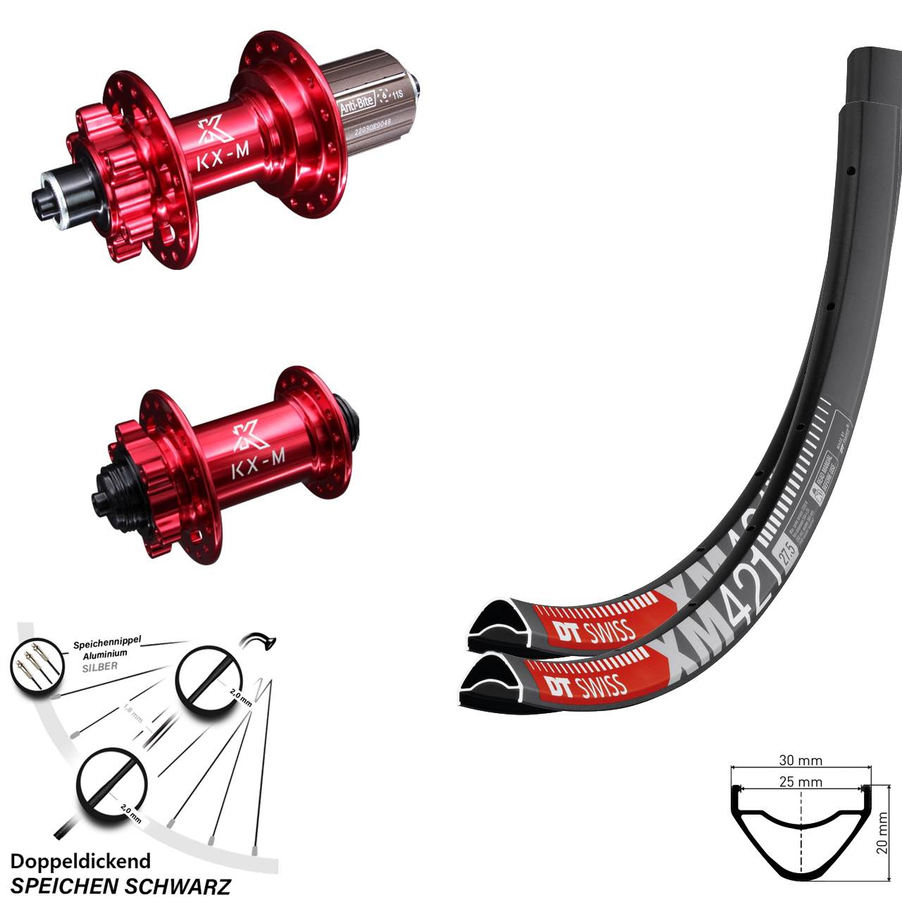 29 Zoll Laufradsatz DT Swiss XM 421 Nabe KX-M rot-eloxiert Schnellspanner MTB All Mountain