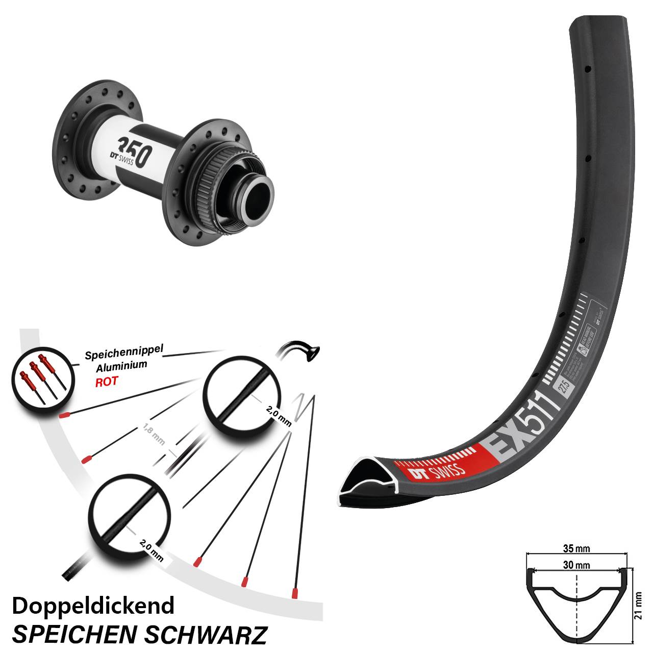 DT Swiss 350 Centerlock 15x100 mm EX 511 Vorderrad 27,5 Zoll Enduro MTB