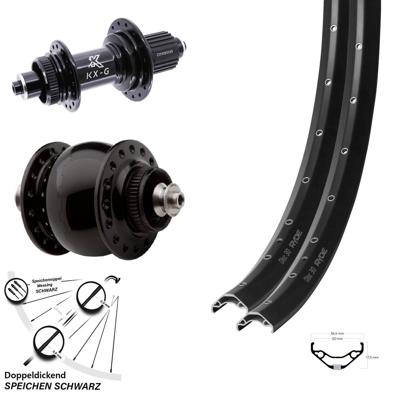 27,5 Zoll Ryde Disc 30 KX-GS verstärkt SONdelux Laufrad-Satz QR Micro Spline