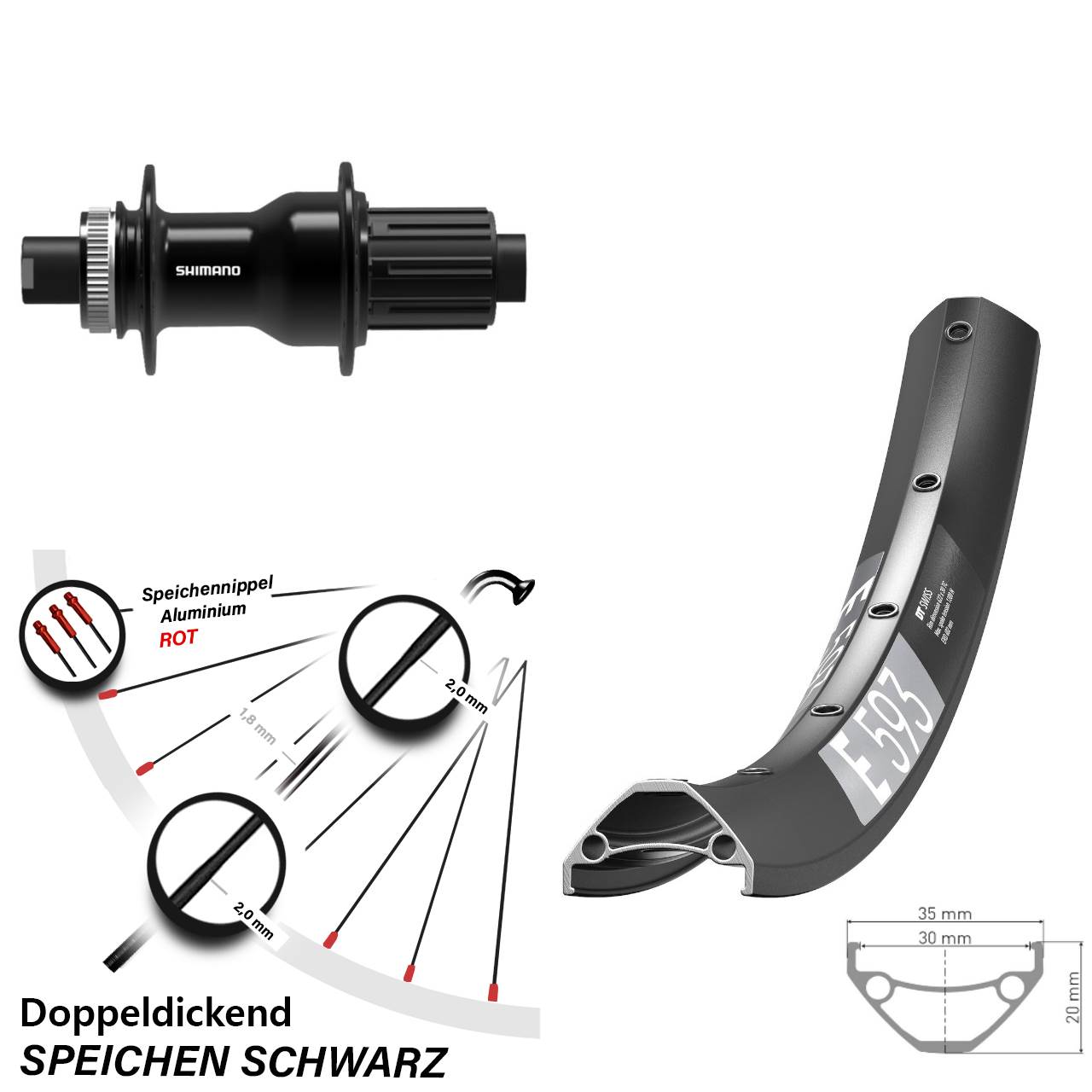 Disc Laufrad 12x148 29 Zoll DT Swiss E 593 Shimano FH-TC500 8-11 fach