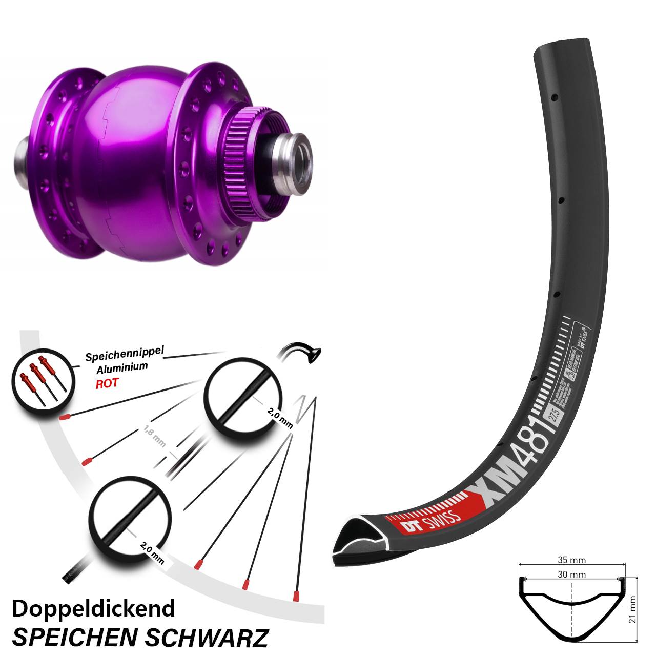 Vorderrad 27,5 Zoll DT Swiss XM 481 Disc SON 28 12x100 Centerlock violett