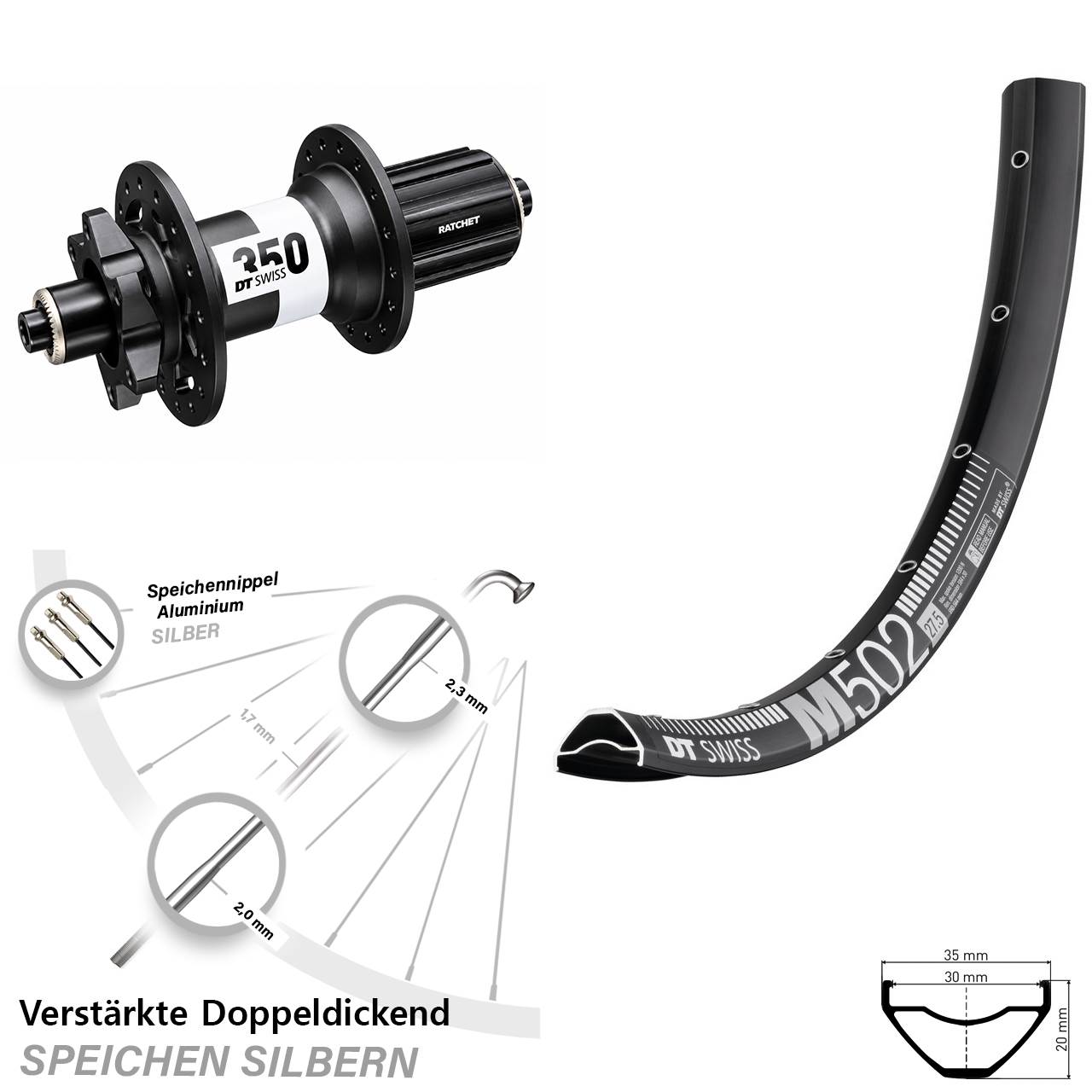 29 Zoll DT Swiss M 502-350 Ratchet 36 Disc Hinterrad für Schnellspanner 8-11 fach HG