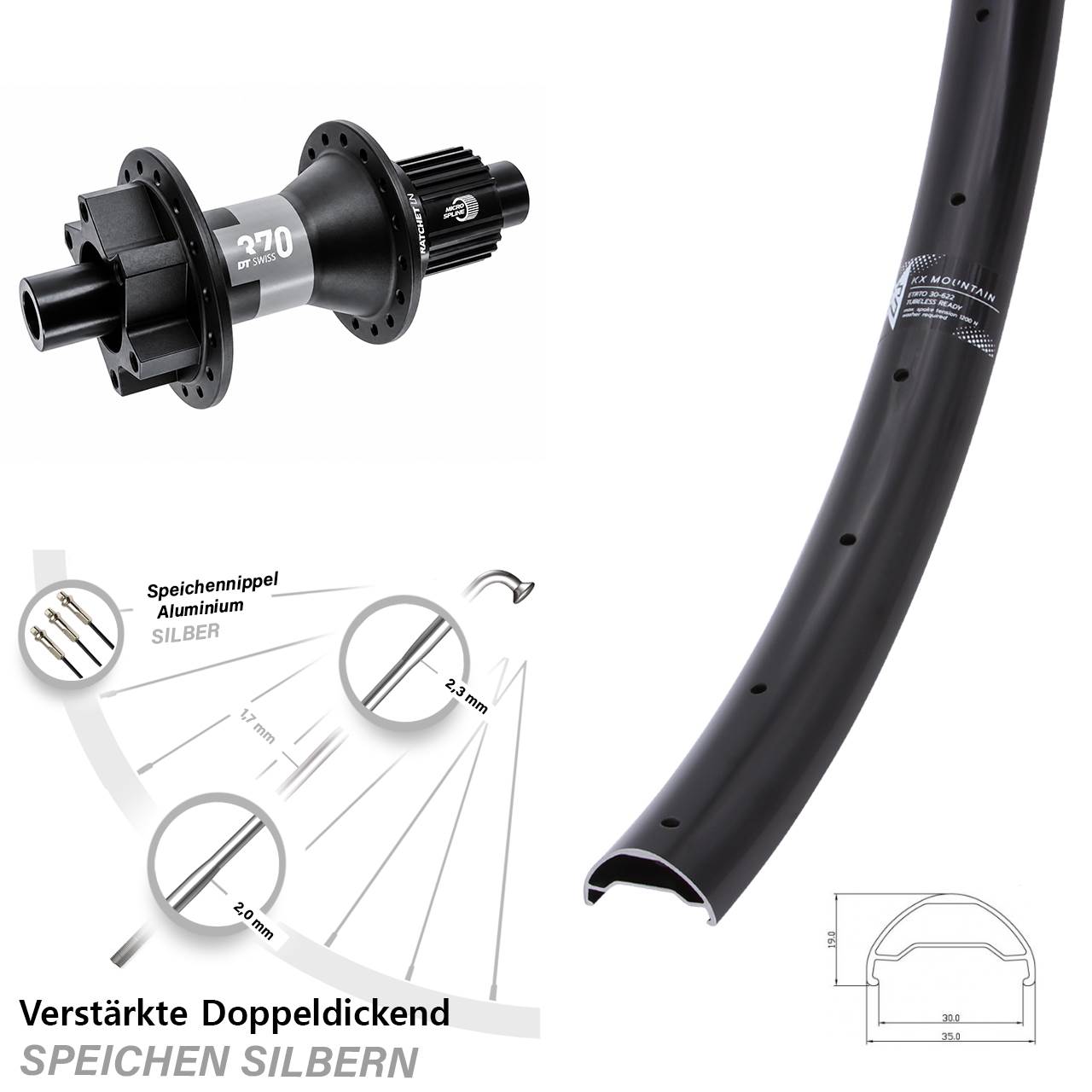 Disc Laufrad 12x142 29 Zoll KX Mountain DT Swiss 370 Shimano Micro Spline