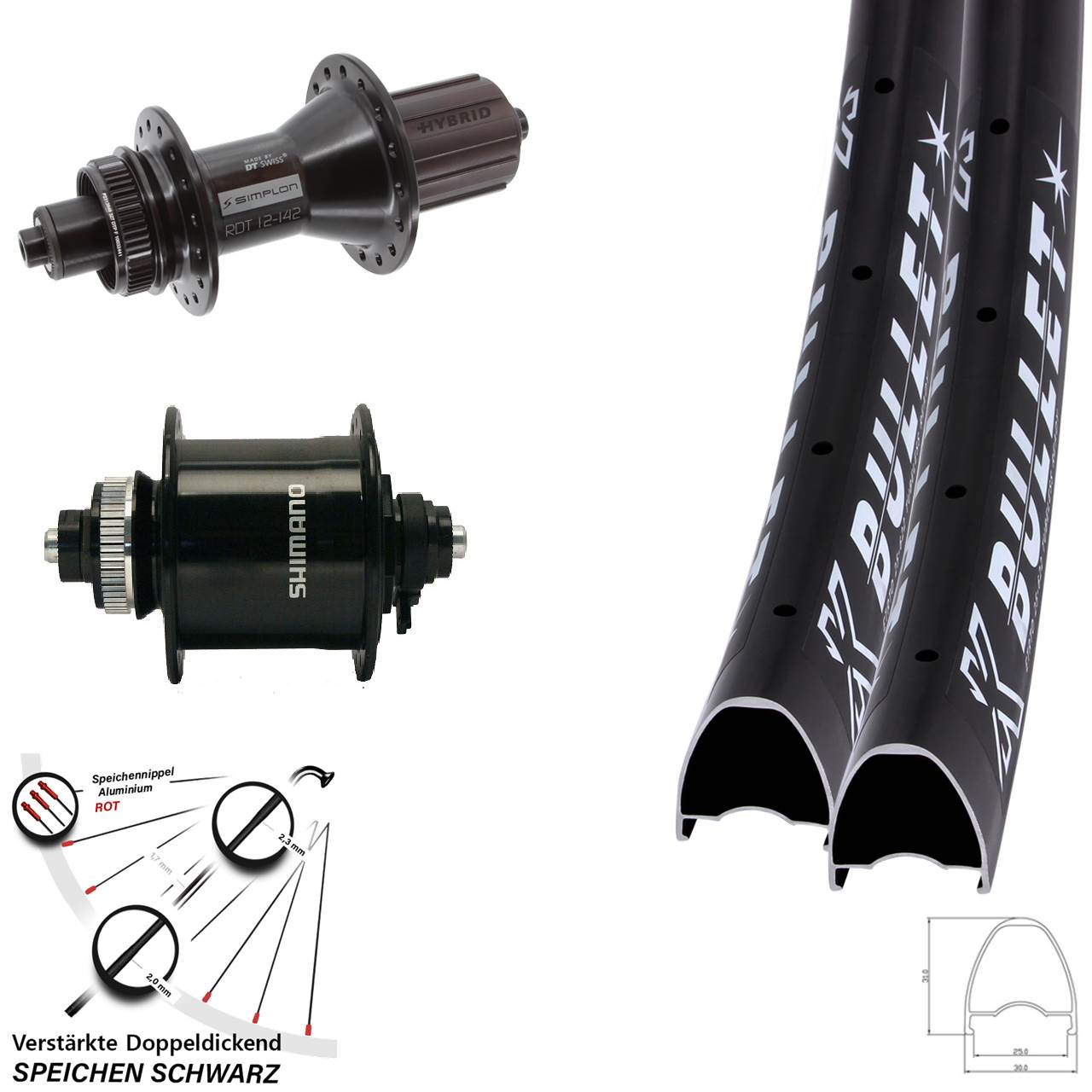 KX Bullet DT Swiss 370 Hybrid Shimano DH-UR700-3D 28 Zoll Disc Laufrad-Satz QR 8-11 fach
