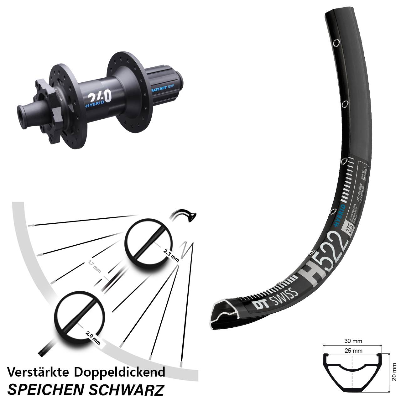 29 Zoll Hinterrad E-Bike H 522 DT Swiss 240 Hybrid Boost 12x148 mm 6-Loch 11-fach Shimano