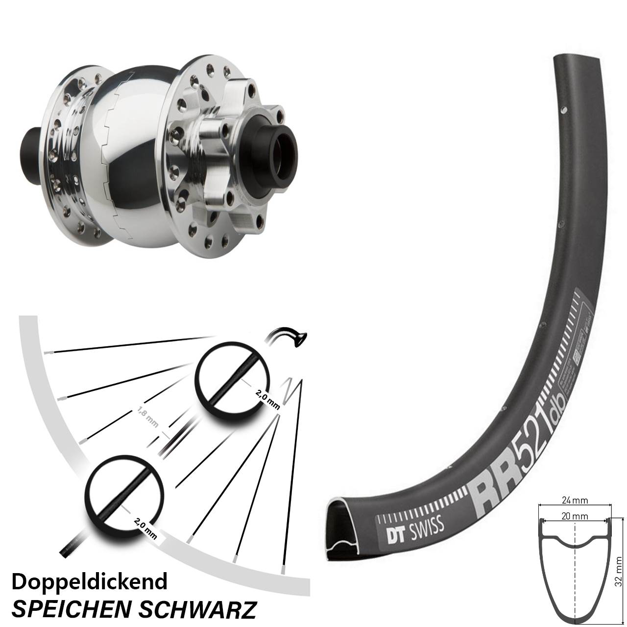 SON 28 28 Zoll poliert DT Swiss RR521 Disc Laufrad mit Nabendynamo 15x100
