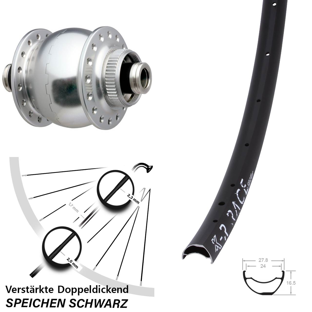 Disc Laufrad mit Nabendynamo 12x100 KX-R Race SON delux