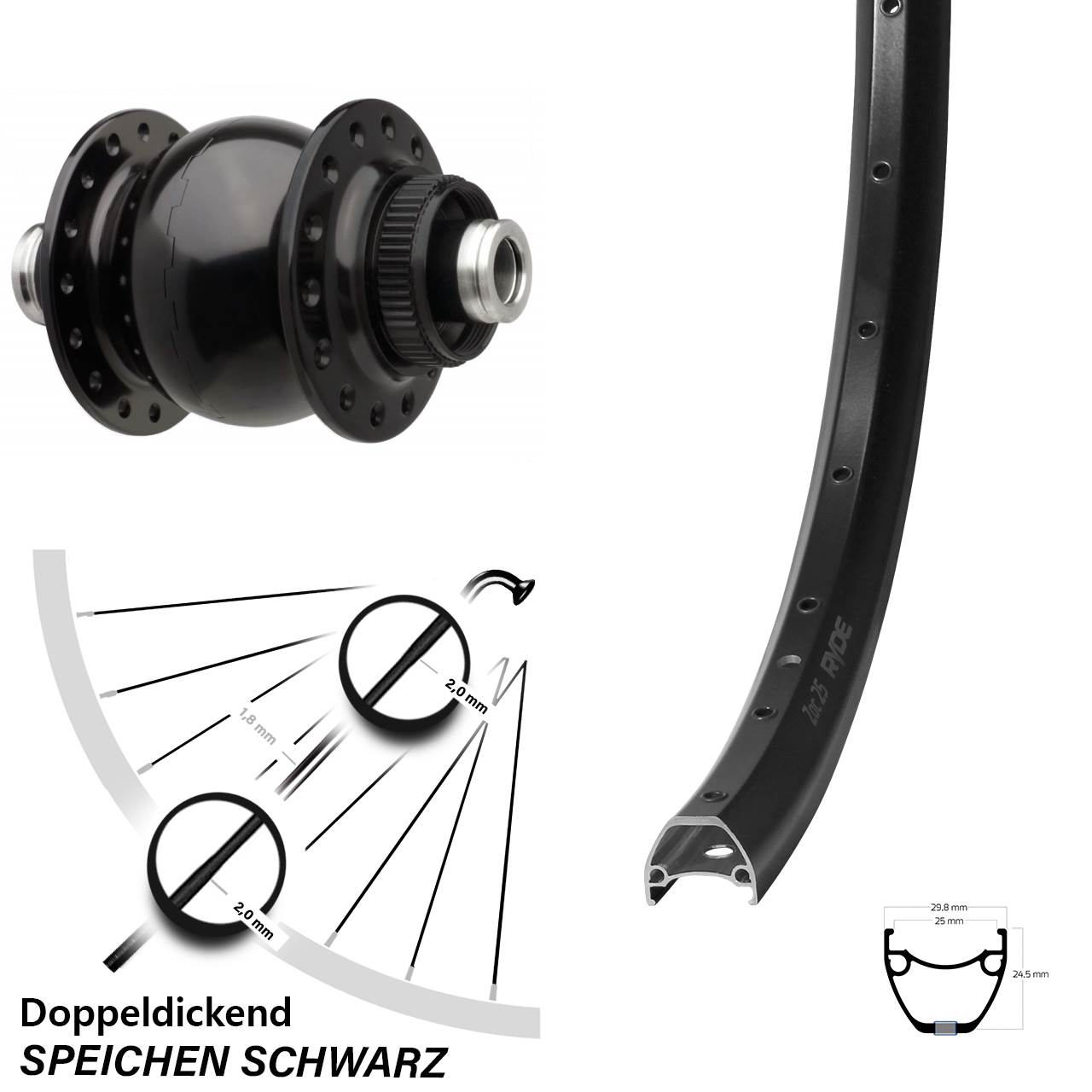 28-29 Zoll Ryde ZAC 25 SON 28 Centerlock Vorderrad mit Nabendynamo 12x110 Boost