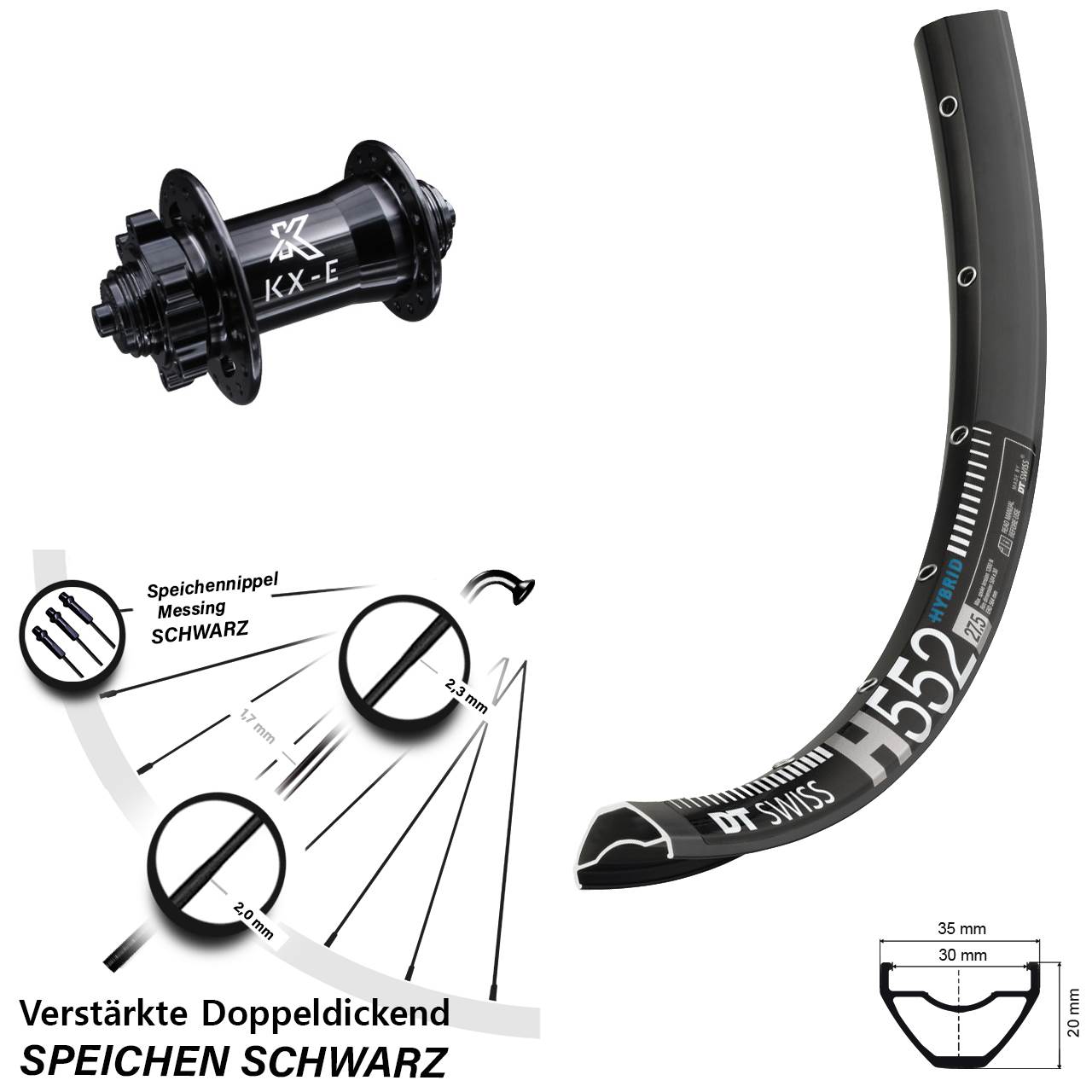 Vorderrad 29 Zoll DT Swiss H 552 mit KX-E Nabe 5x100 mm 6-loch E-Bike